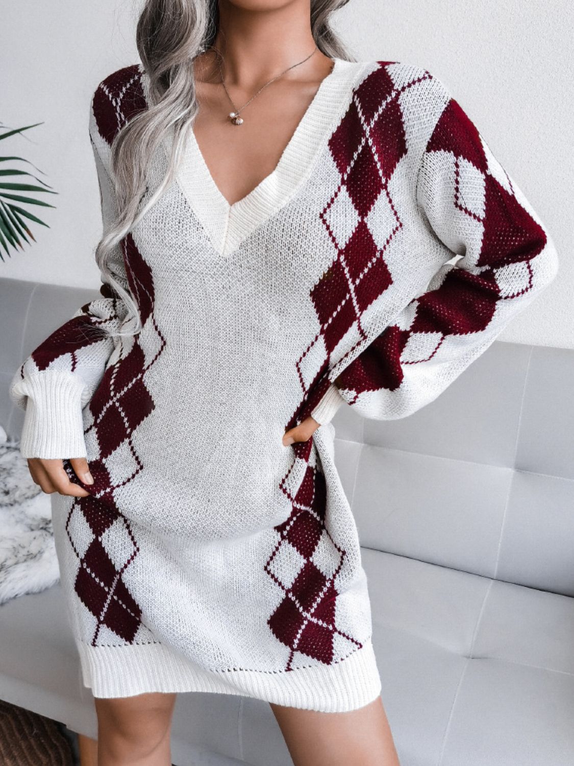 woven right argyle v-neck ribbed trim sweater dress