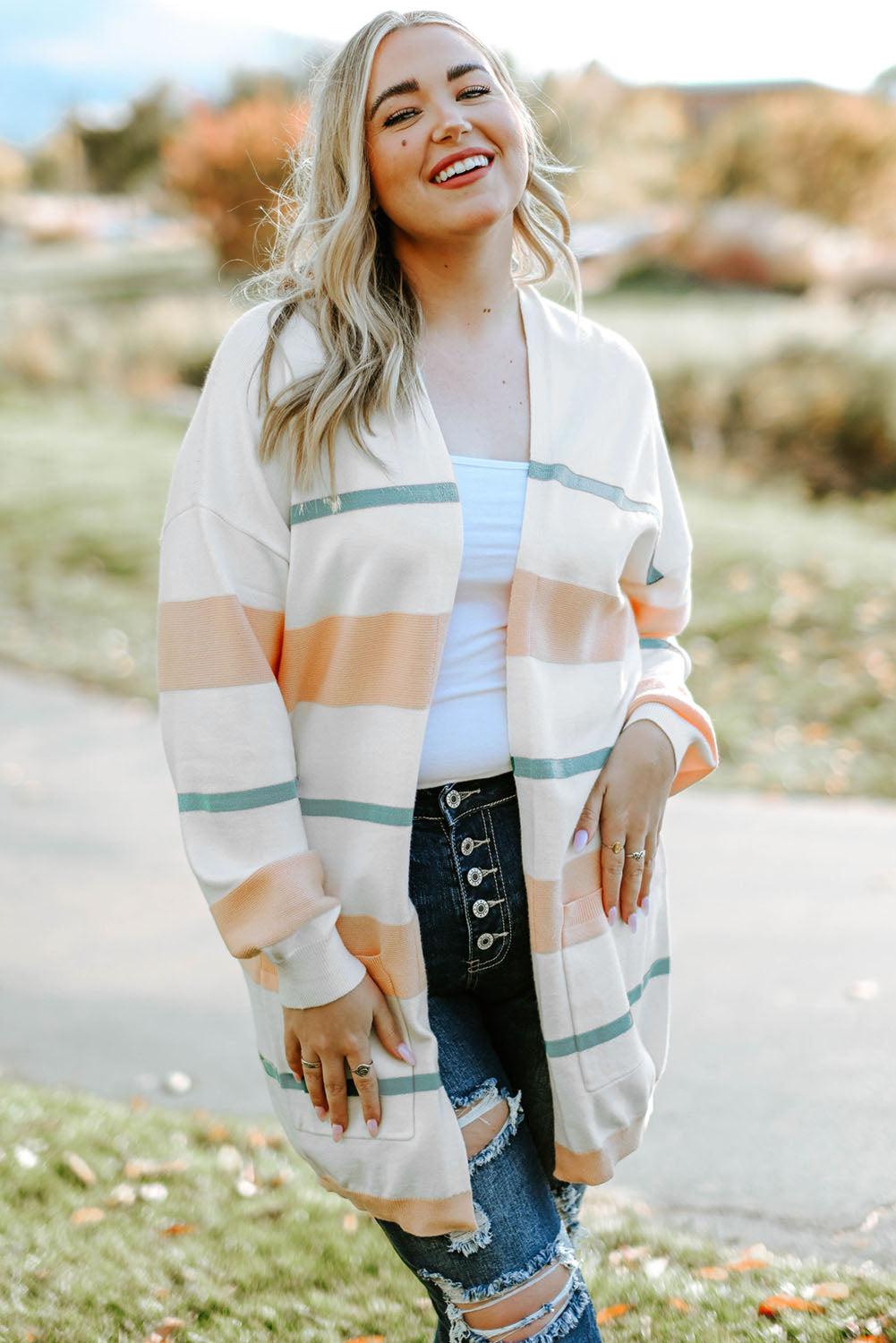 plus size striped open front cardigan