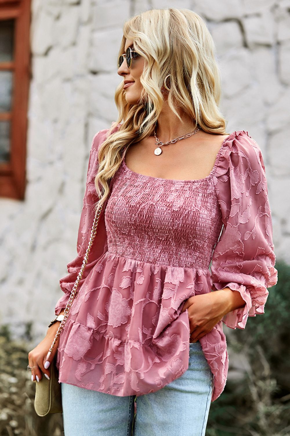 double take smocked square neck flounce sleeve blouse