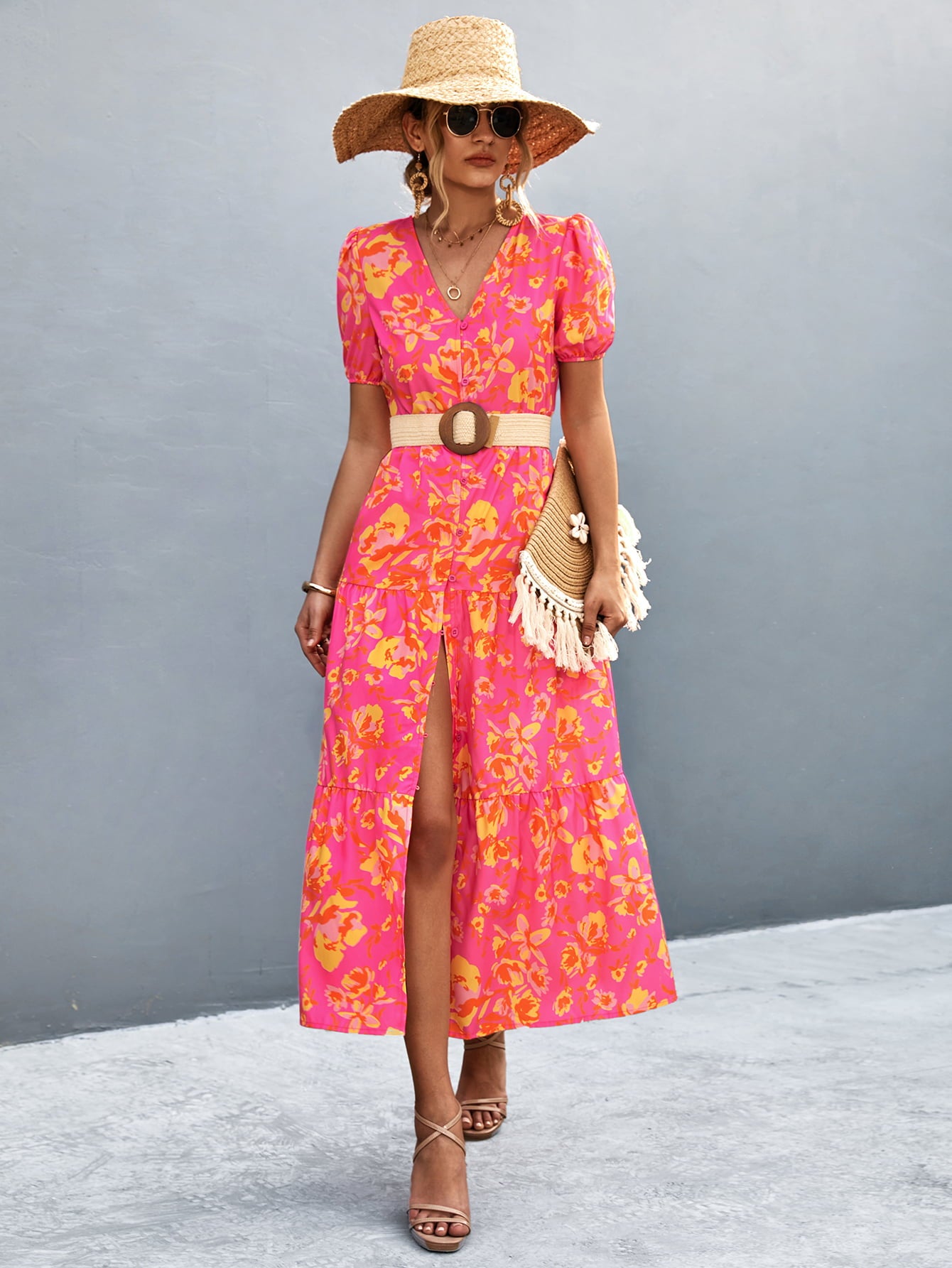 v-neck short sleeve high slit midi dress