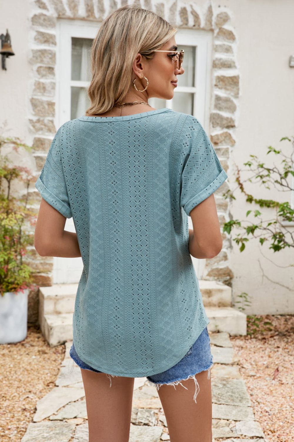 full size round neck eyelet short sleeve top