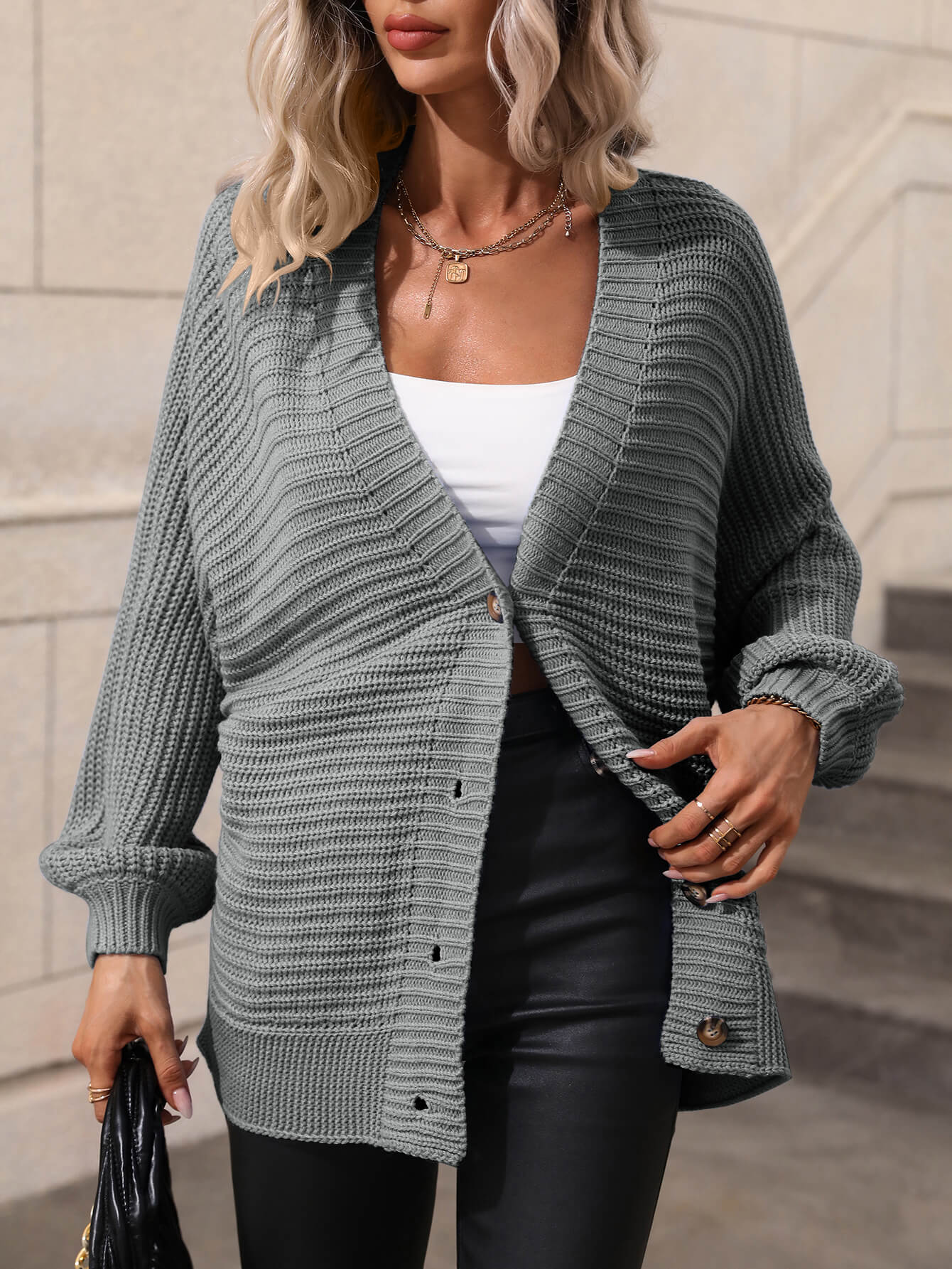 double take button down horizontal-ribbing longline cardigan