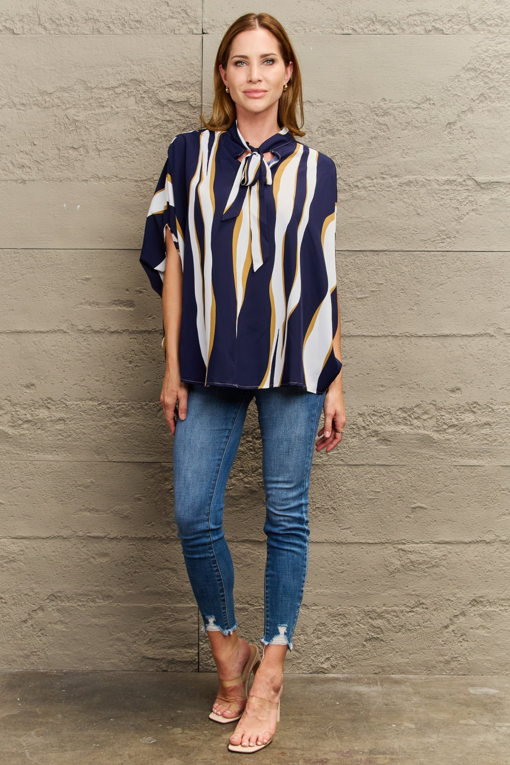 tie neck printed slit sleeve blouse