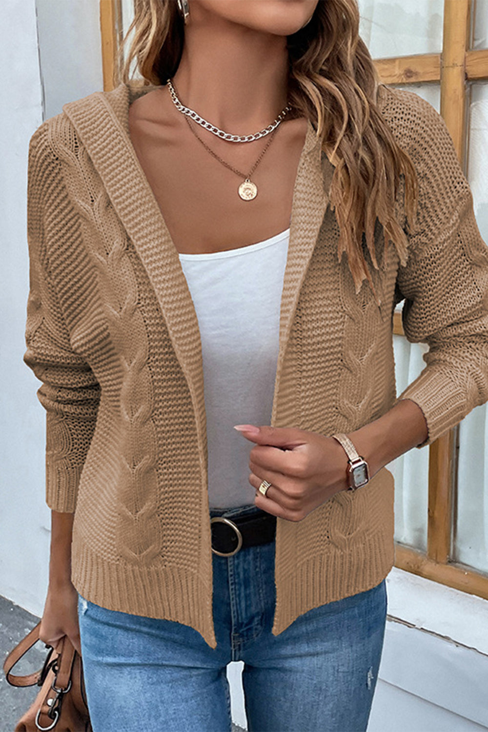 cable-knit dropped shoulder hooded cardigan