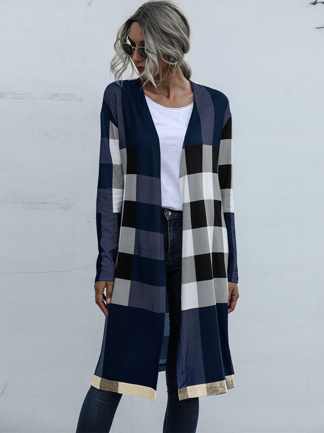 plaid open front longline cardigan