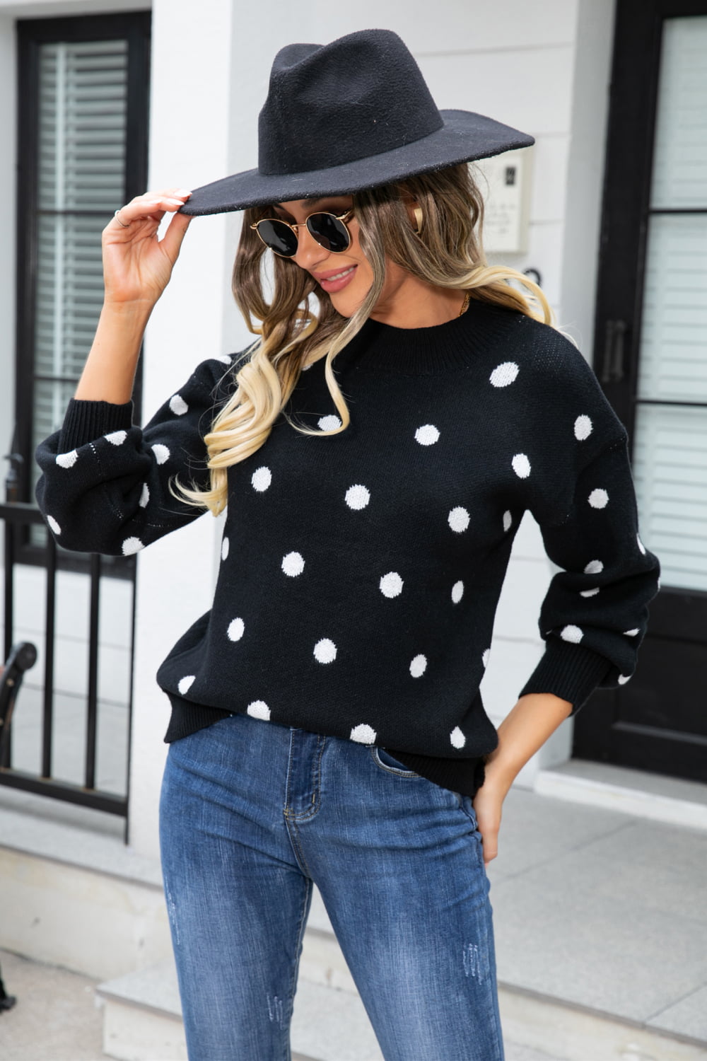 woven right polka dot round neck dropped shoulder sweater