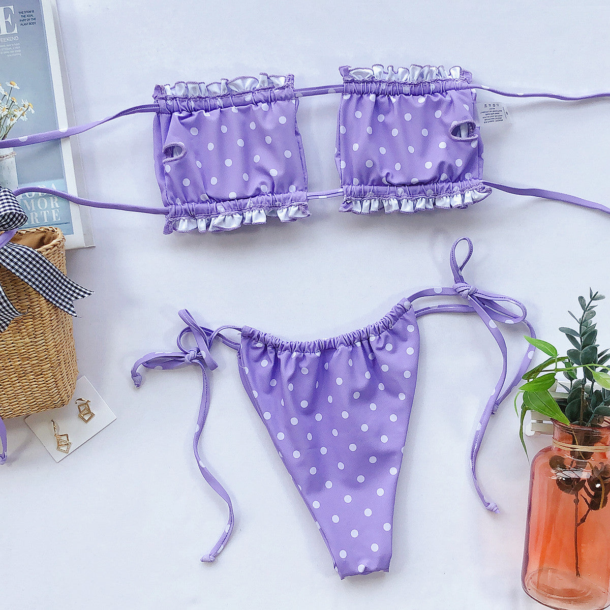 frill trim ruched bikini set