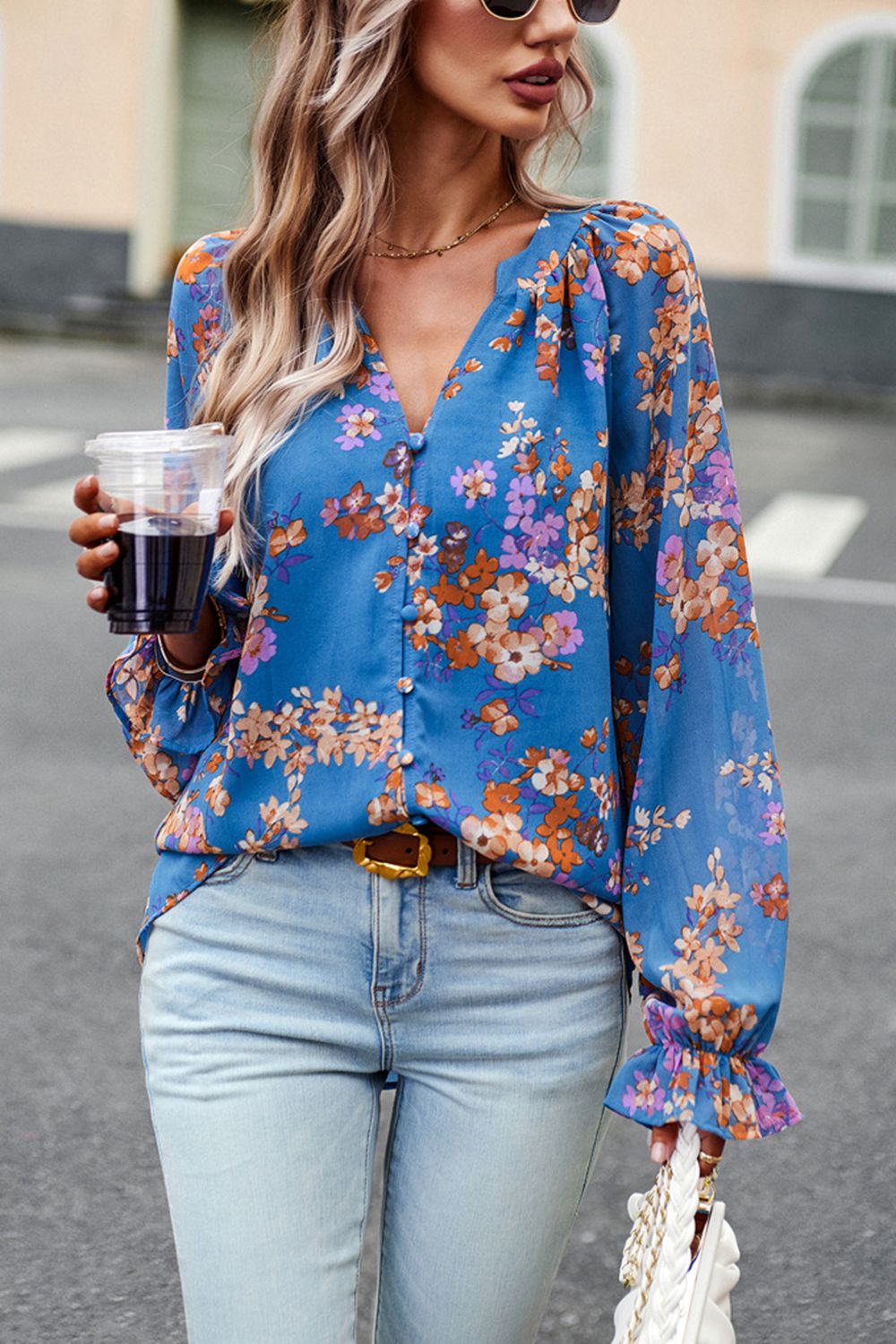 floral print flounce sleeve blouse