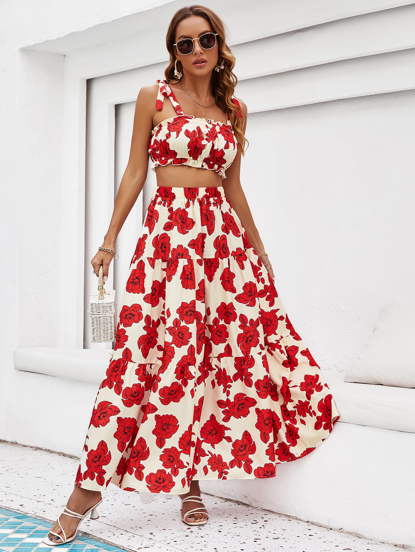 floral tie shoulder top and tiered maxi skirt set