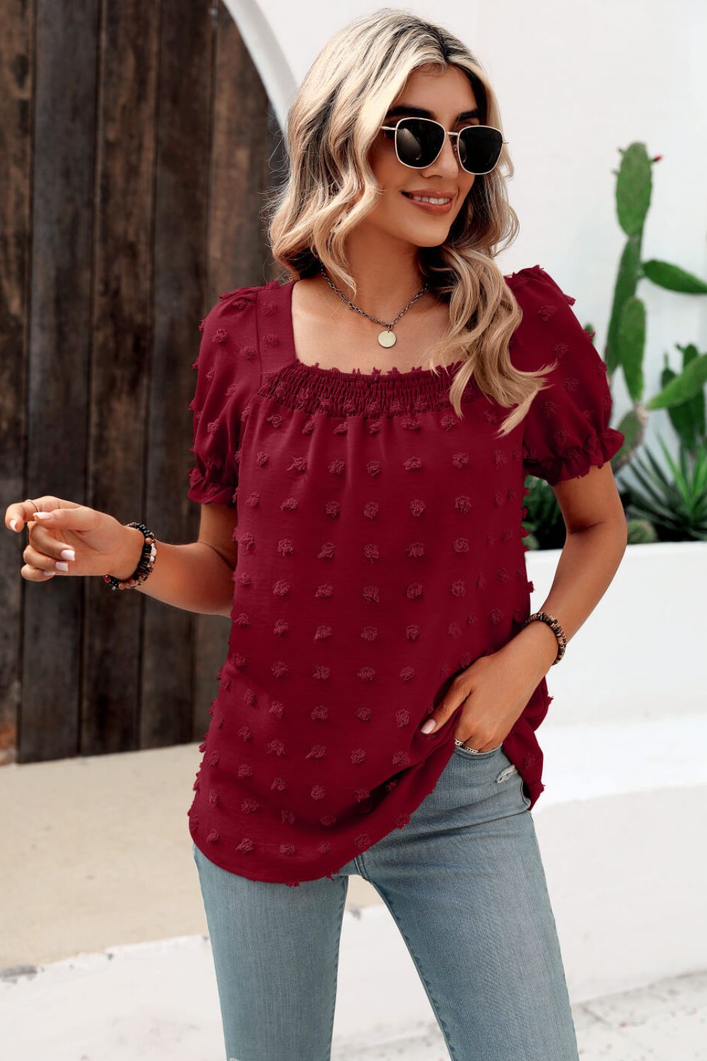 swiss dot puff sleeve square neck blouse