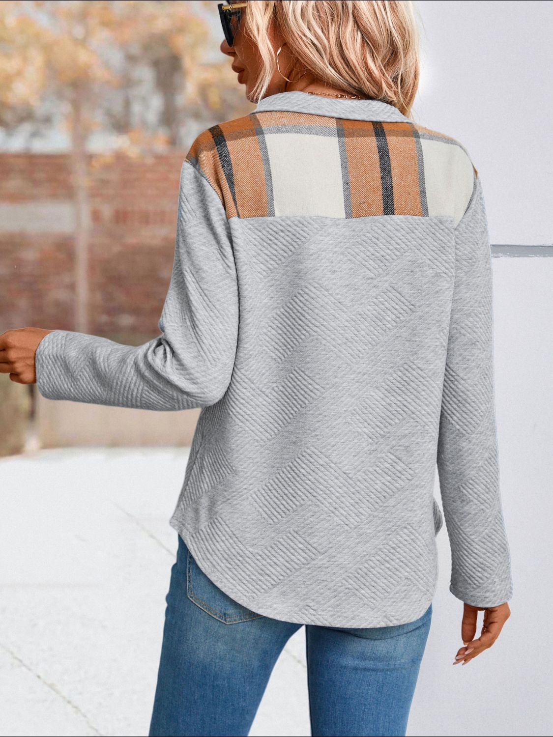 double take spliced plaid quarter-snap mock neck top