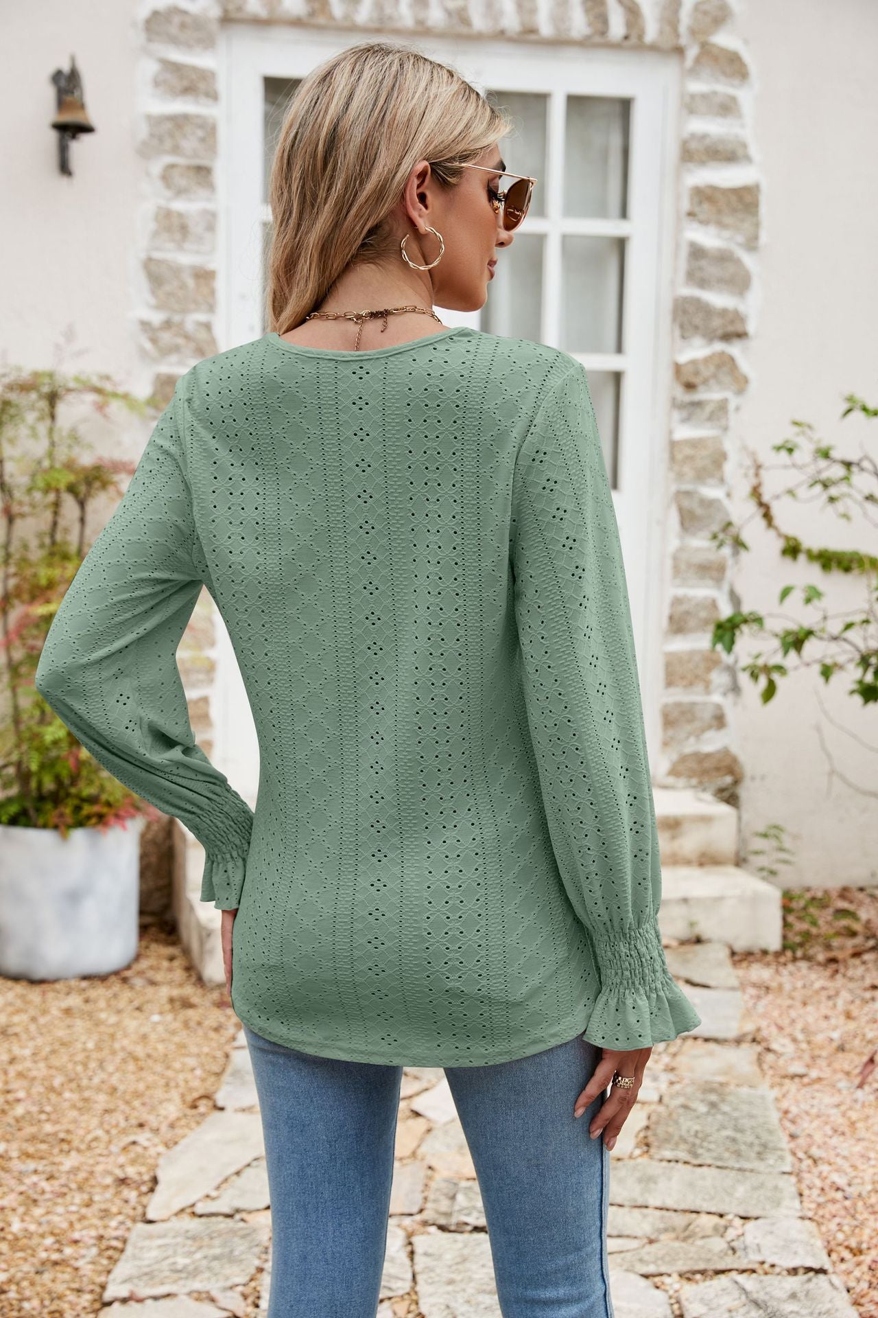 eyelet flounce sleeve v-neck blouse