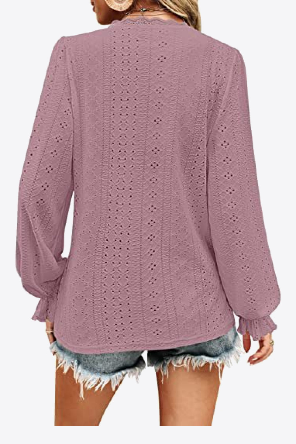 eyelet v-neck flounce sleeve blouse