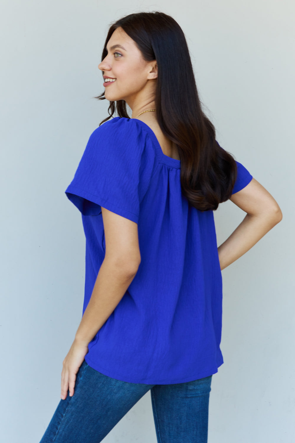 ninexis keep me close square neck short sleeve blouse in royal