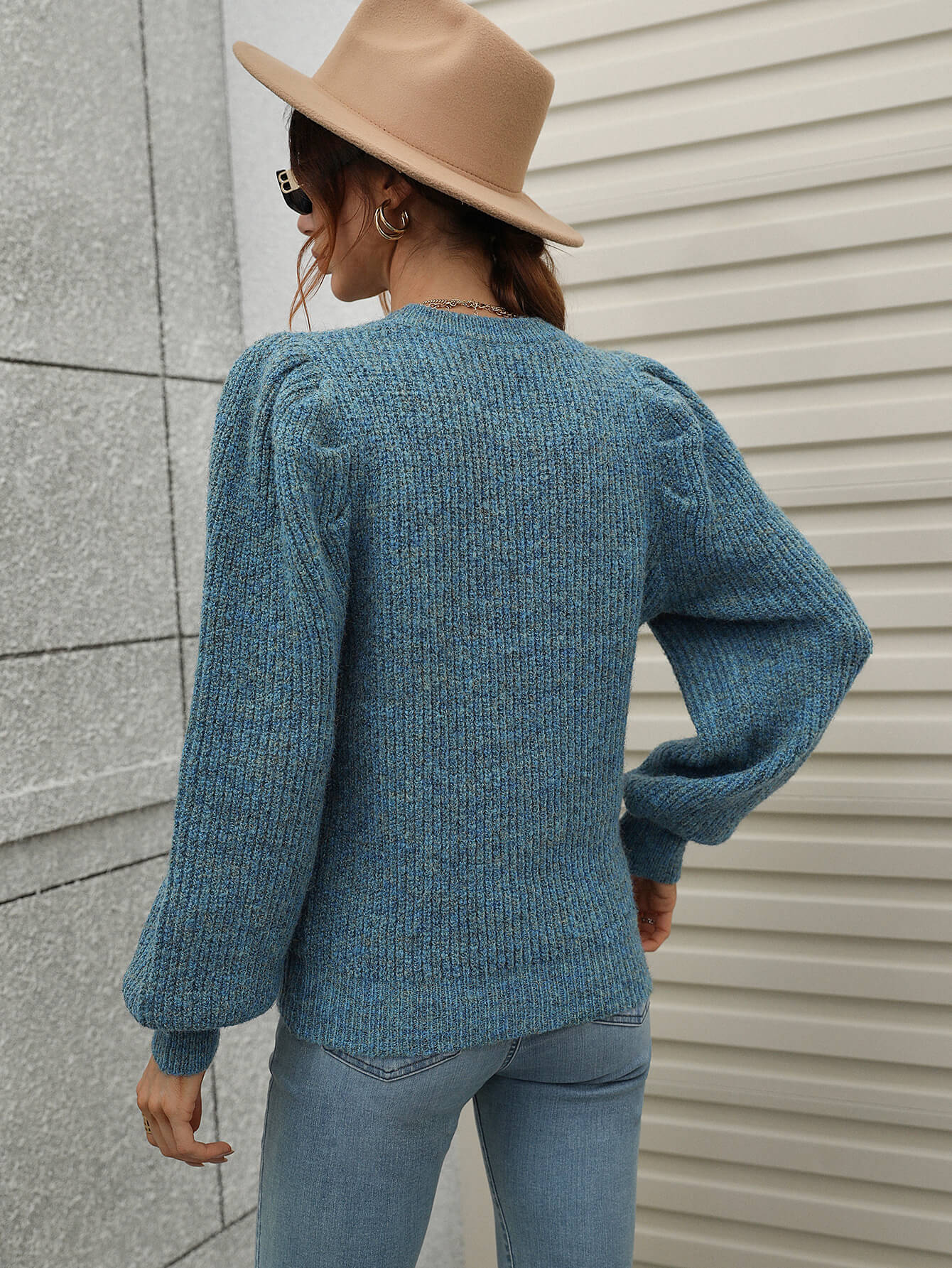 woven right heathered long lantern sleeve rib-knit sweater