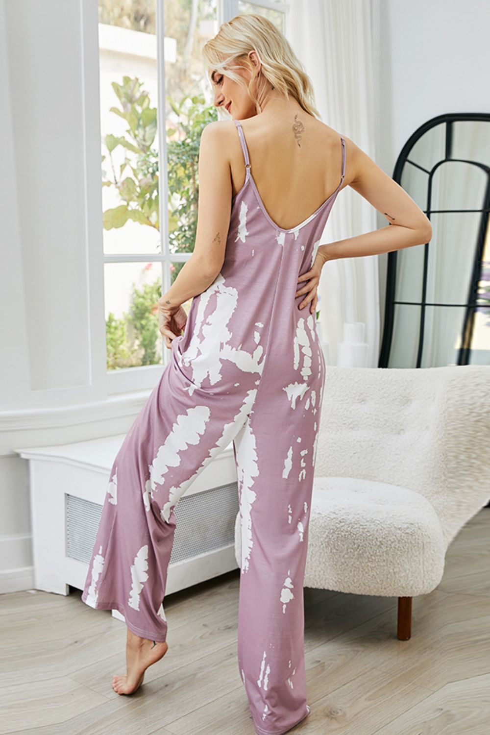 tie-dye spaghetti strap jumpsuit with pockets