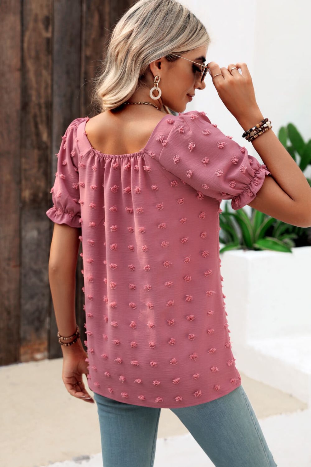 swiss dot puff sleeve square neck blouse