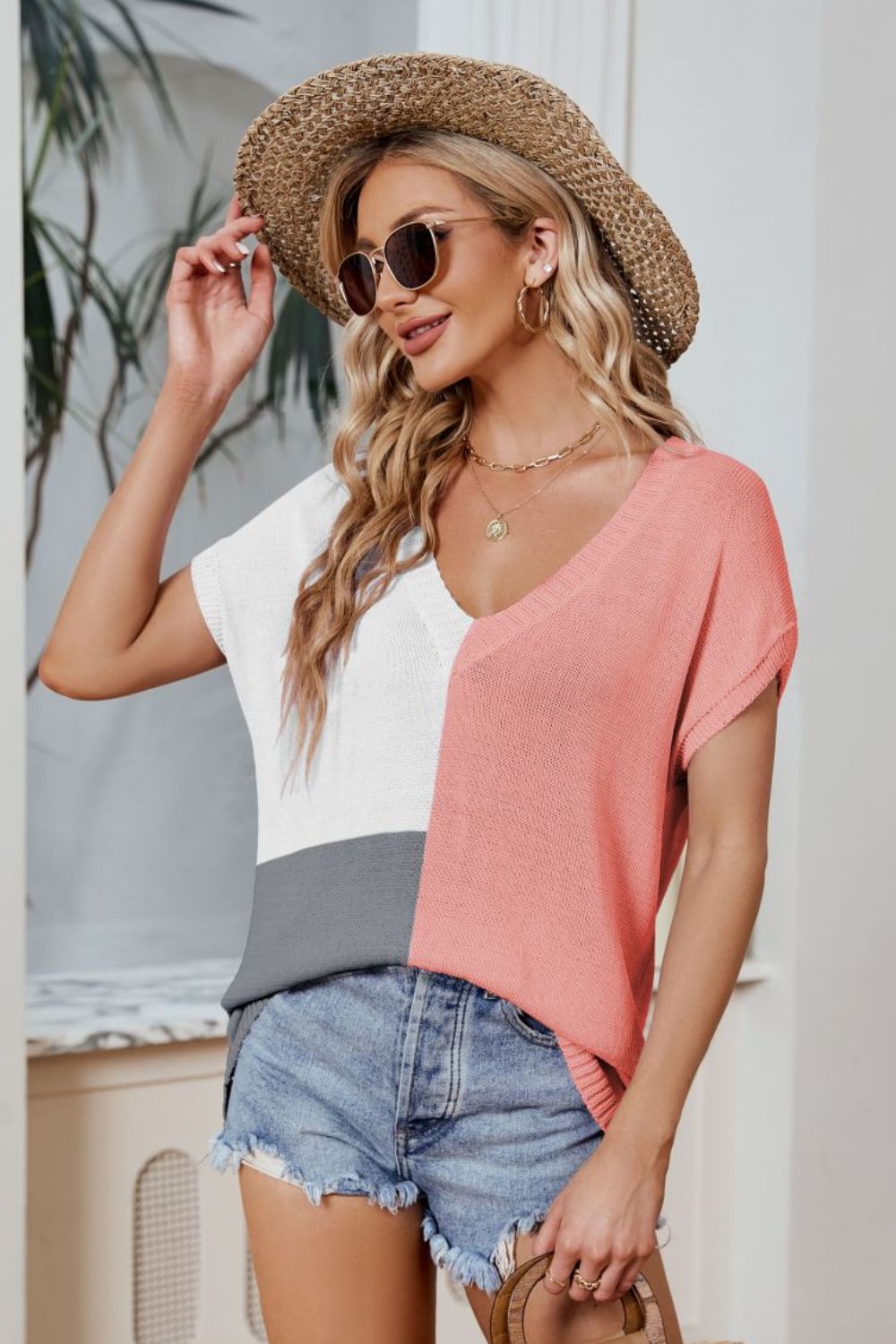 color block v-neck knit top