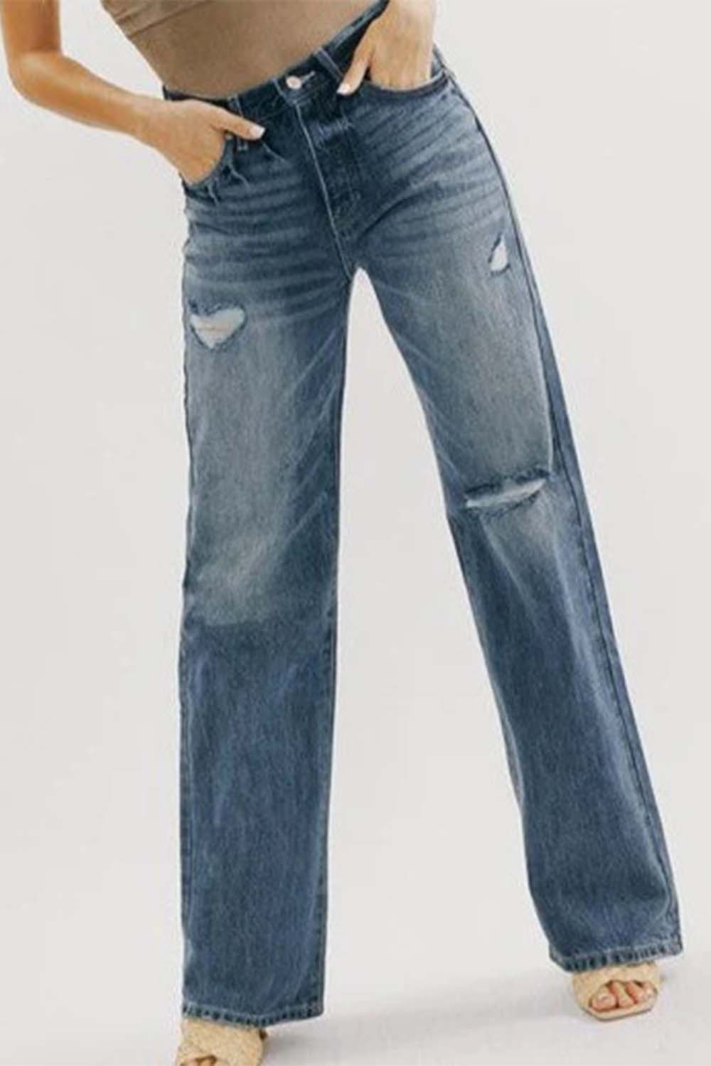 button fly distressed washed jeans