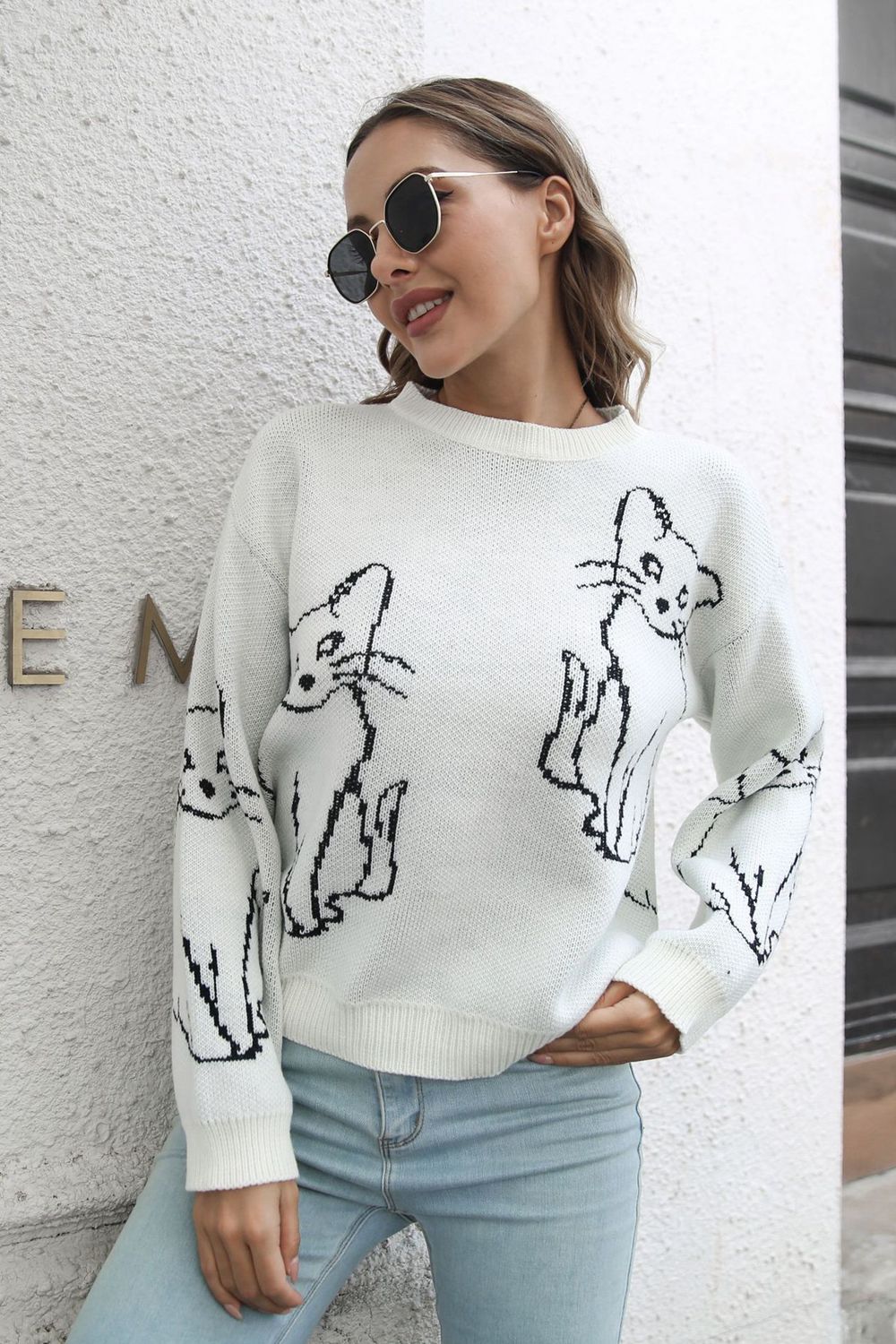 cat pattern round neck long sleeve pullover sweater