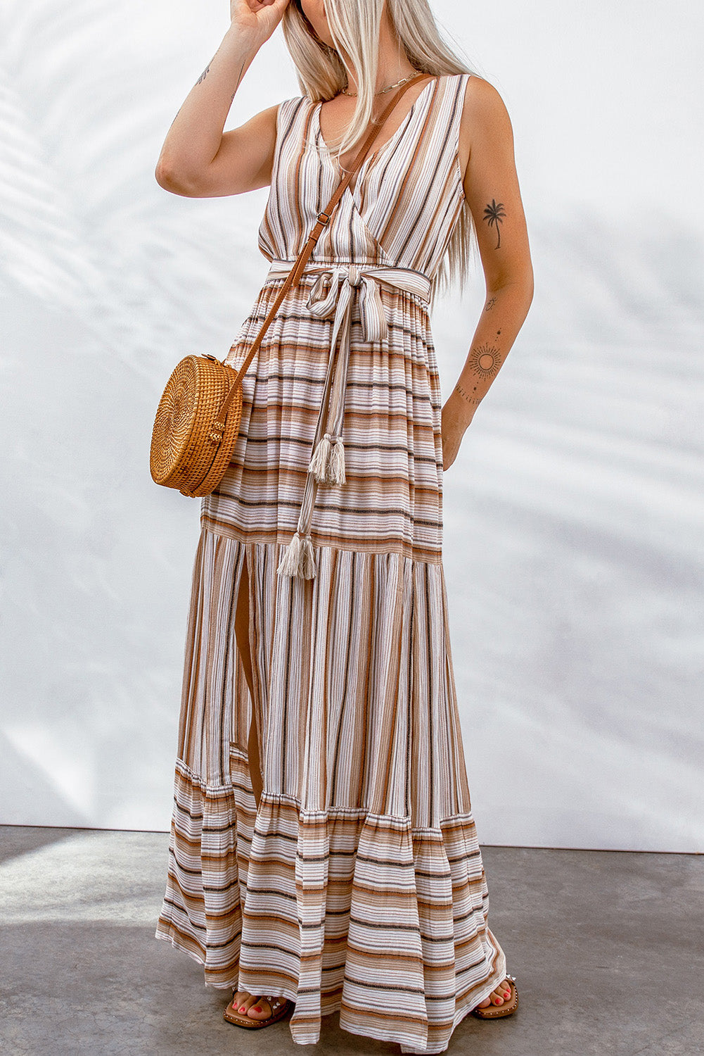 striped tie waist slit sleeveless dress