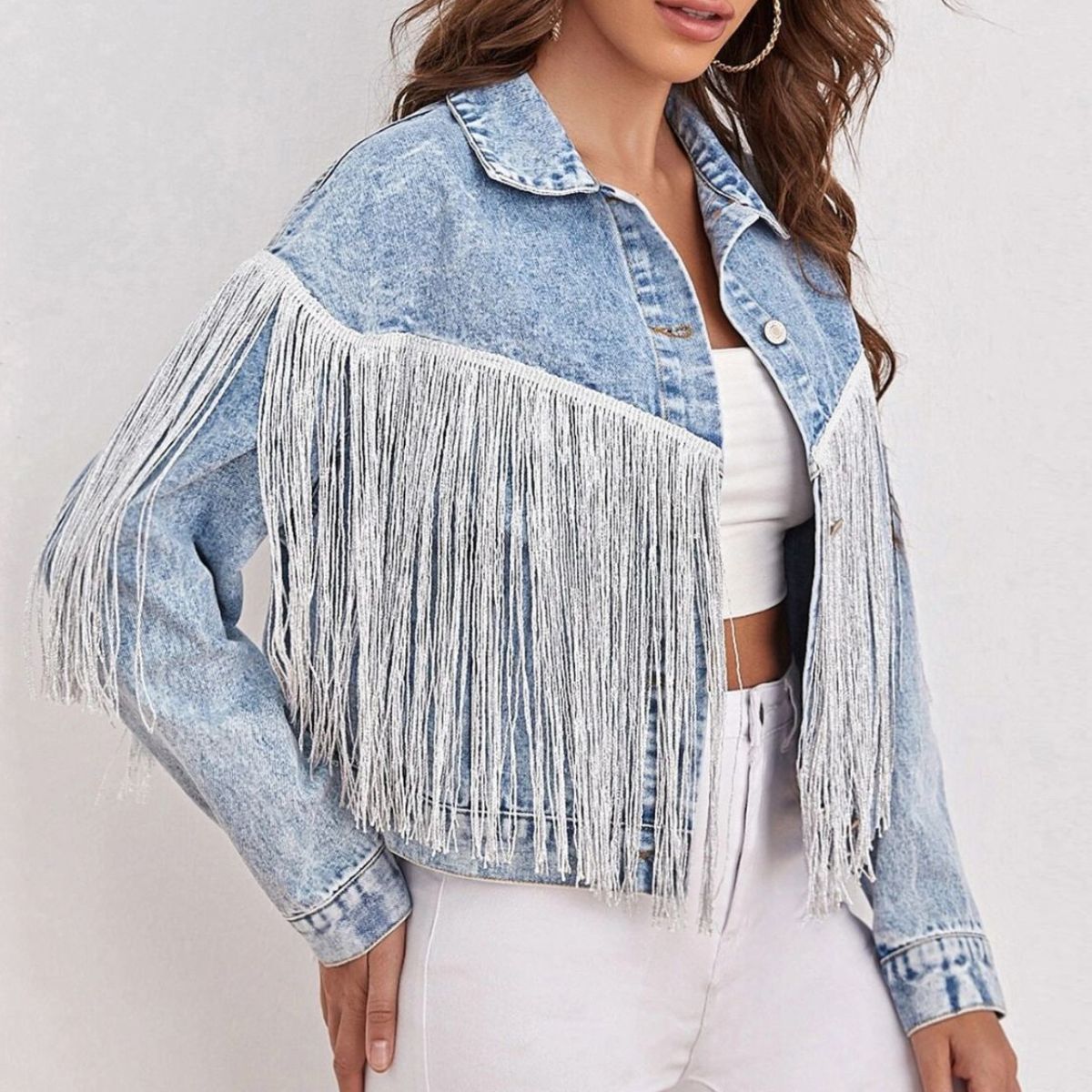 fringe detail collared neck long sleeve denim jacket