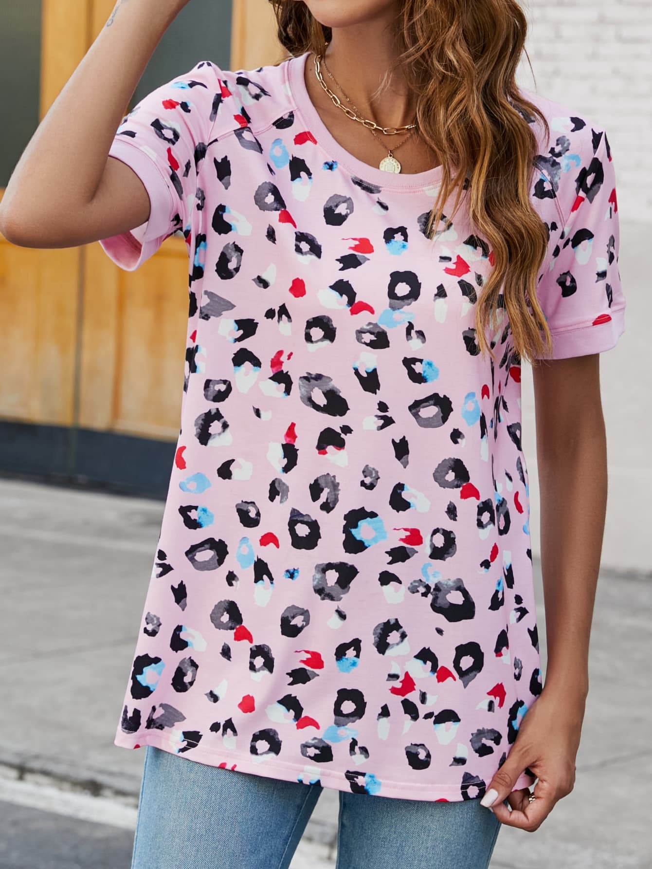 leopard round neck short sleeve tee shirt