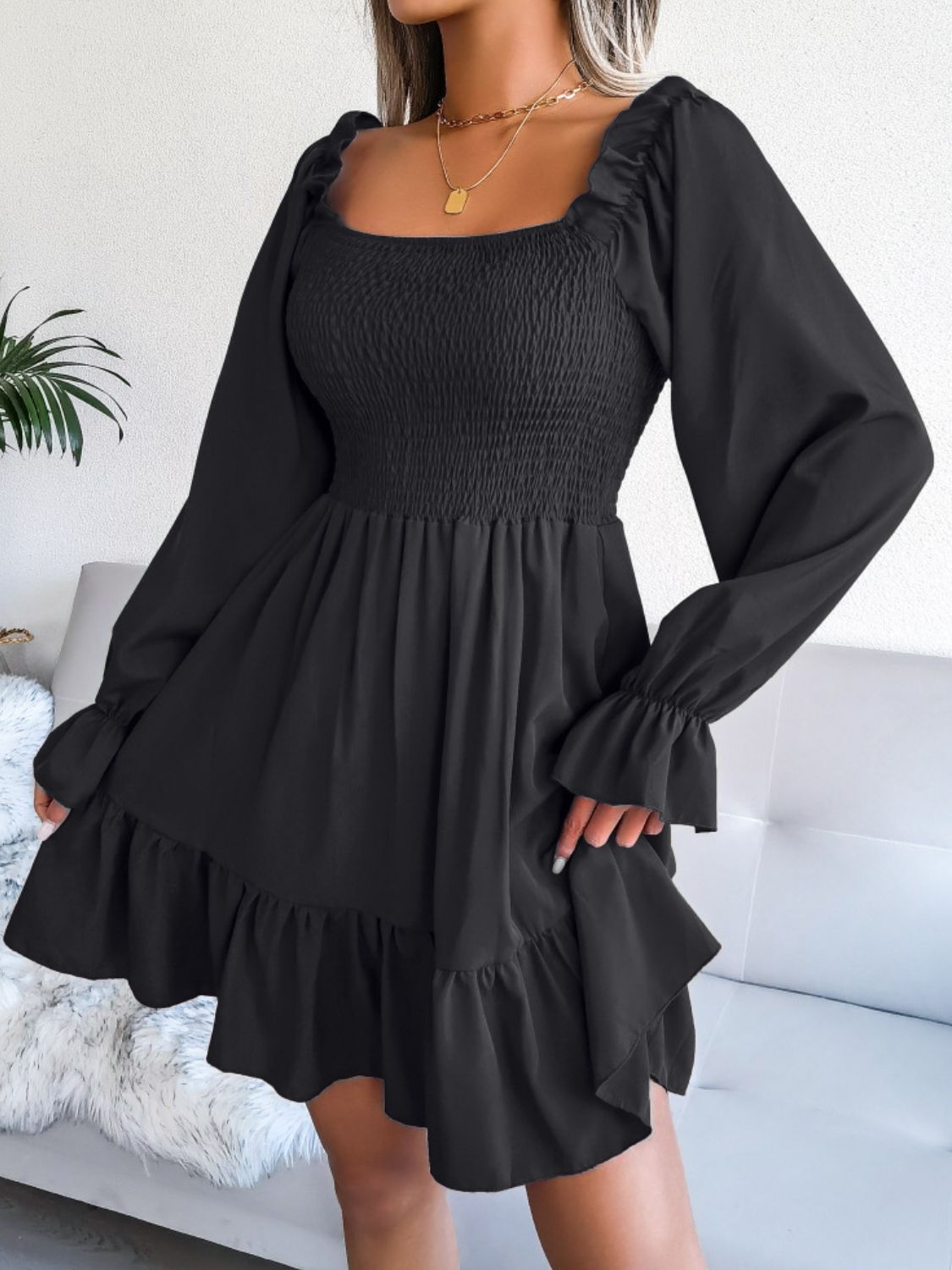 smocked flounce sleeve square neck dress