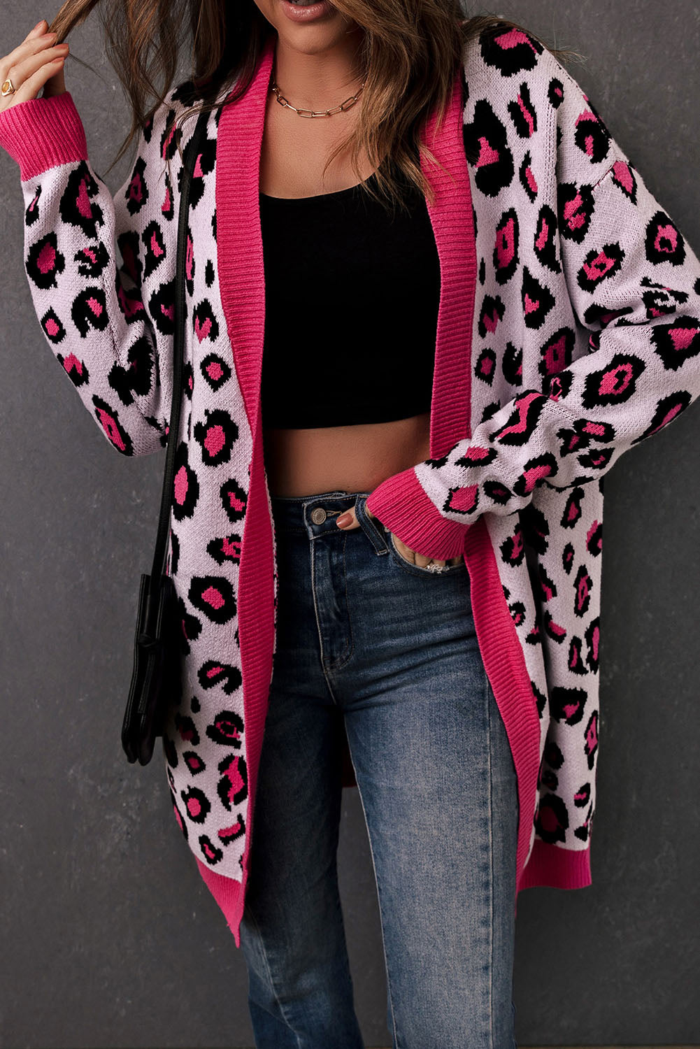 leopard contrast trim open front longline cardigan