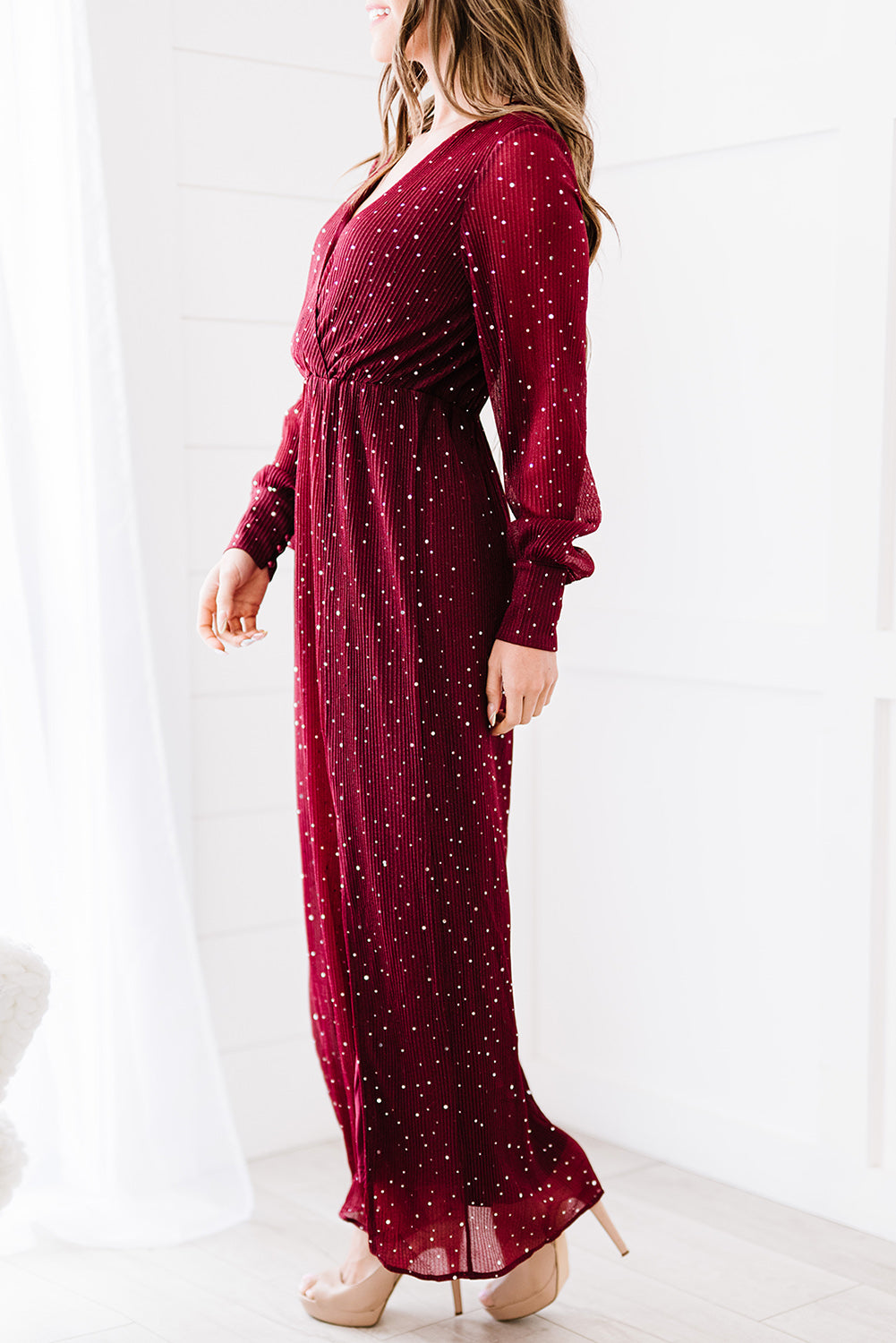 rhinestone surplice split maxi dress