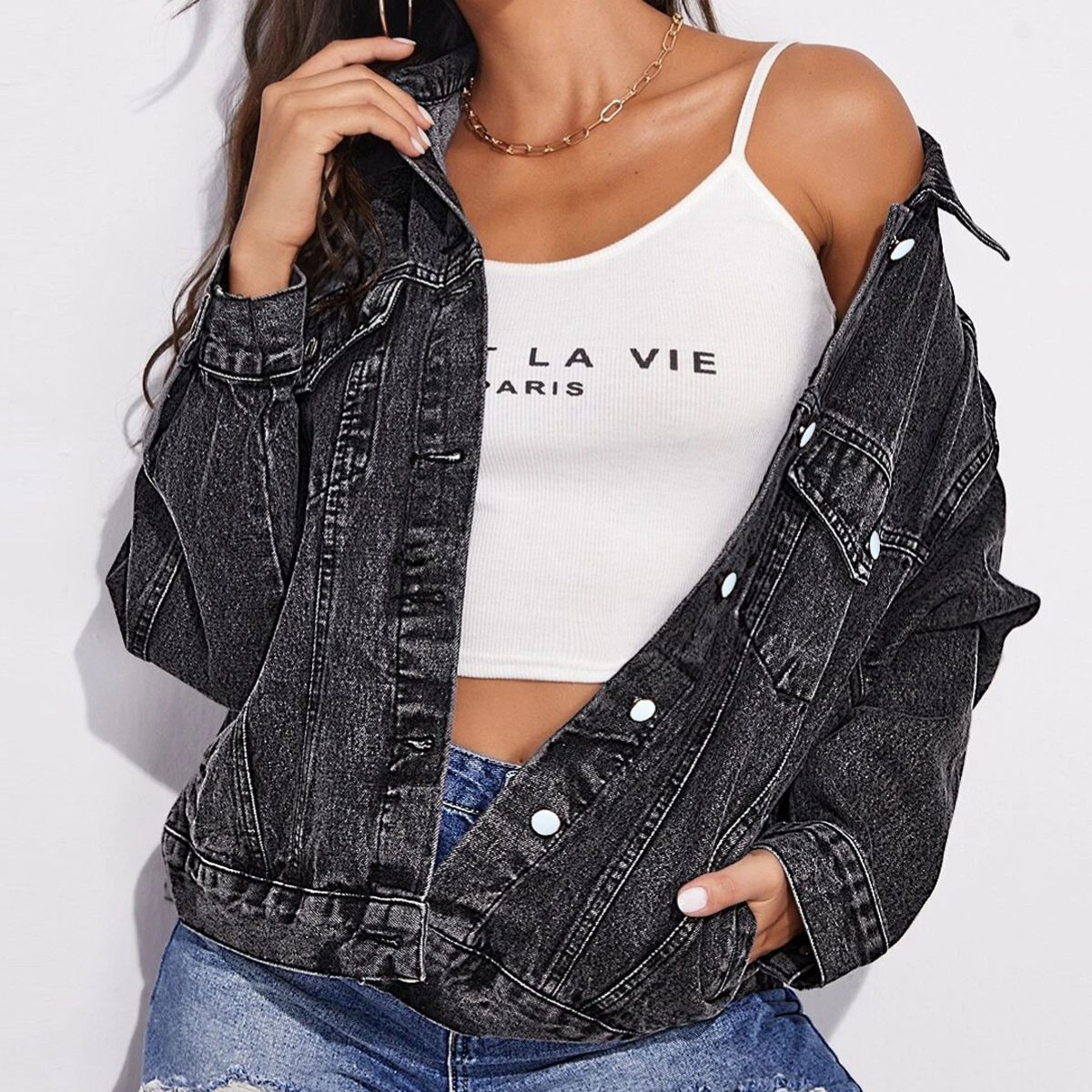 collared neck dropped shoulder button-down denim jacket