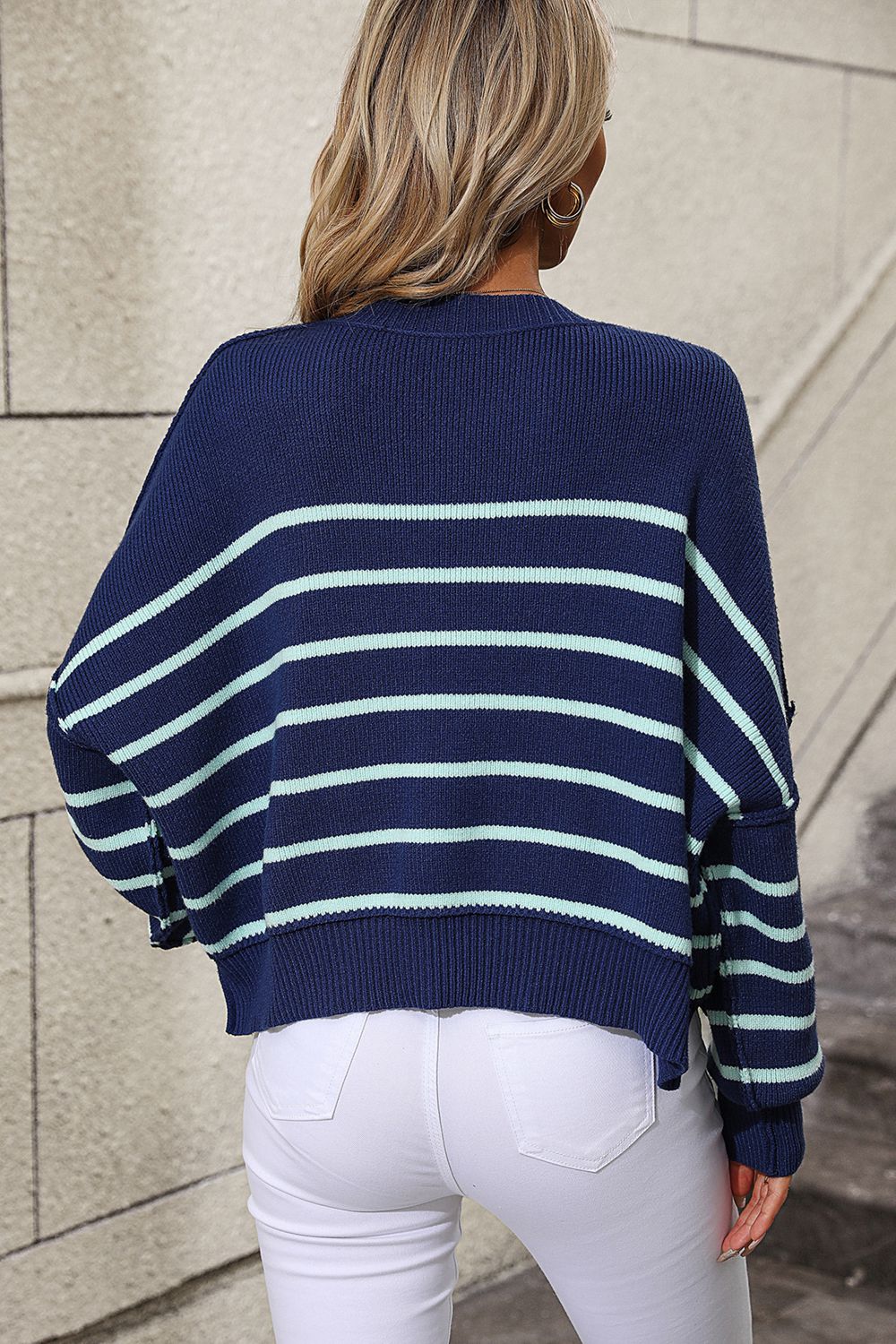 striped dropped shoulder round neck pullover sweater