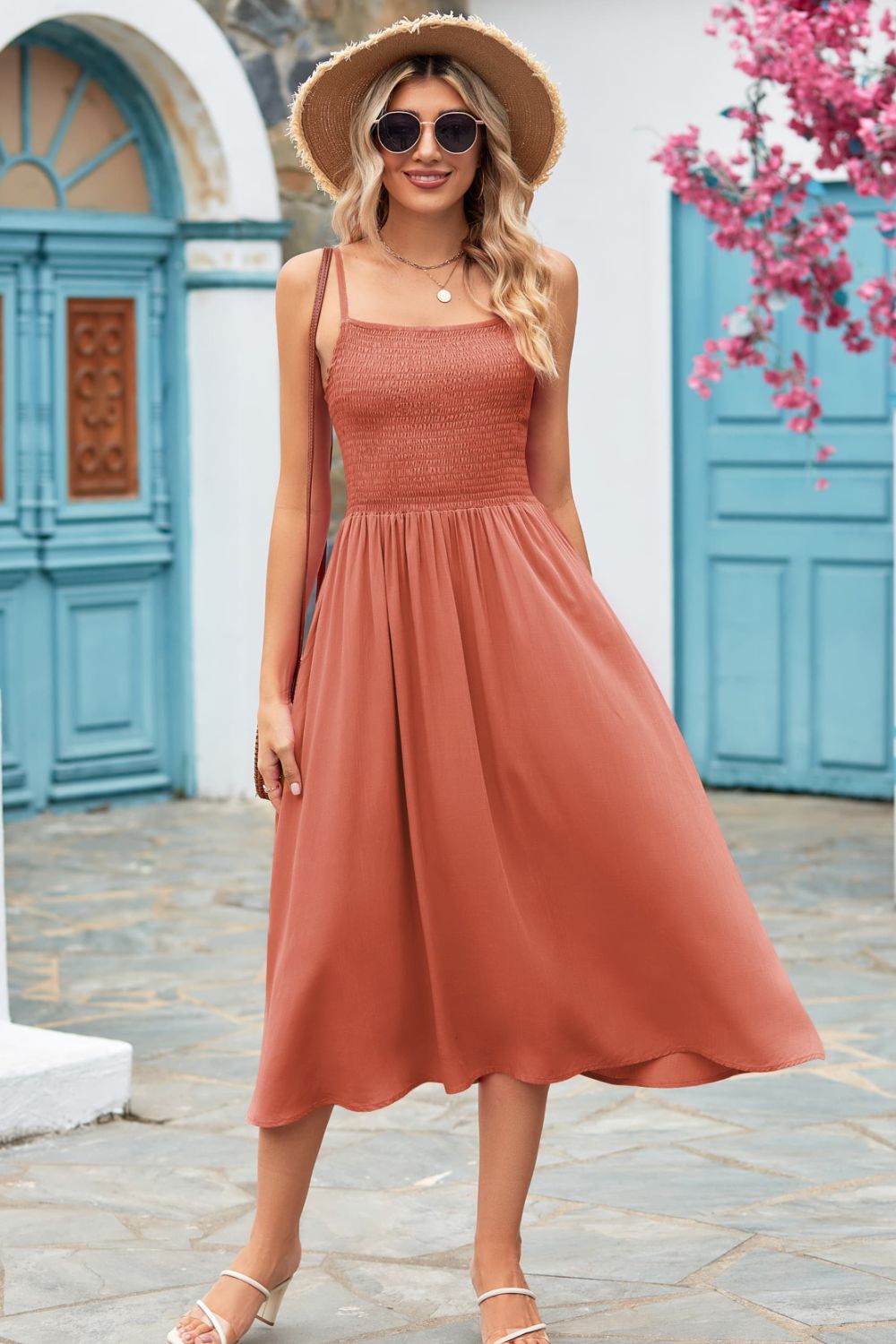 smocked spaghetti strap midi dress