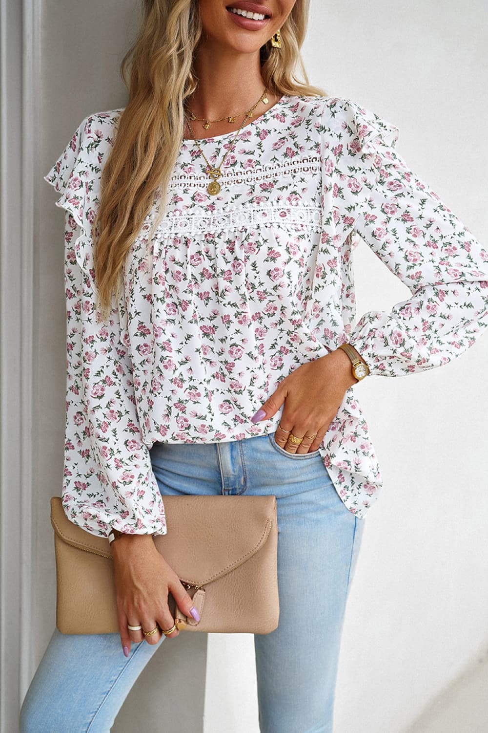 printed round neck long sleeve blouse