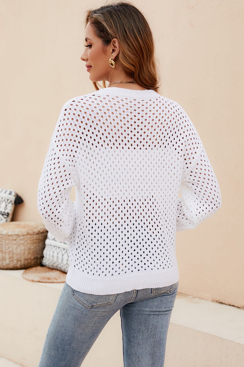 round neck openwork dropped shoulder knit top