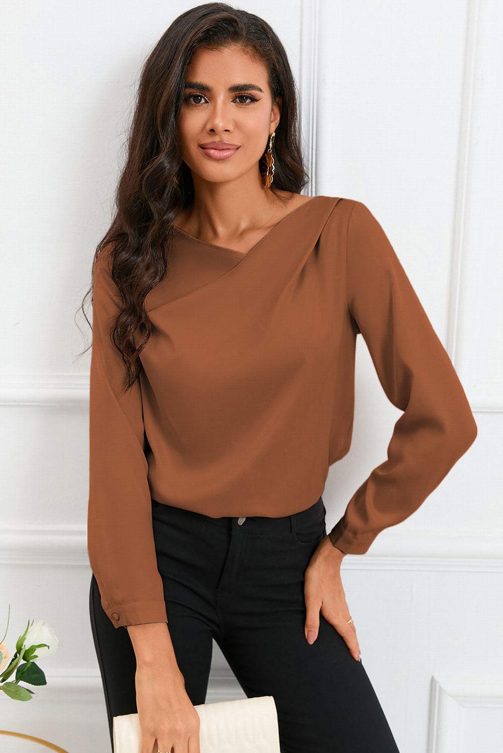 surplice neck long sleeve satin blouse