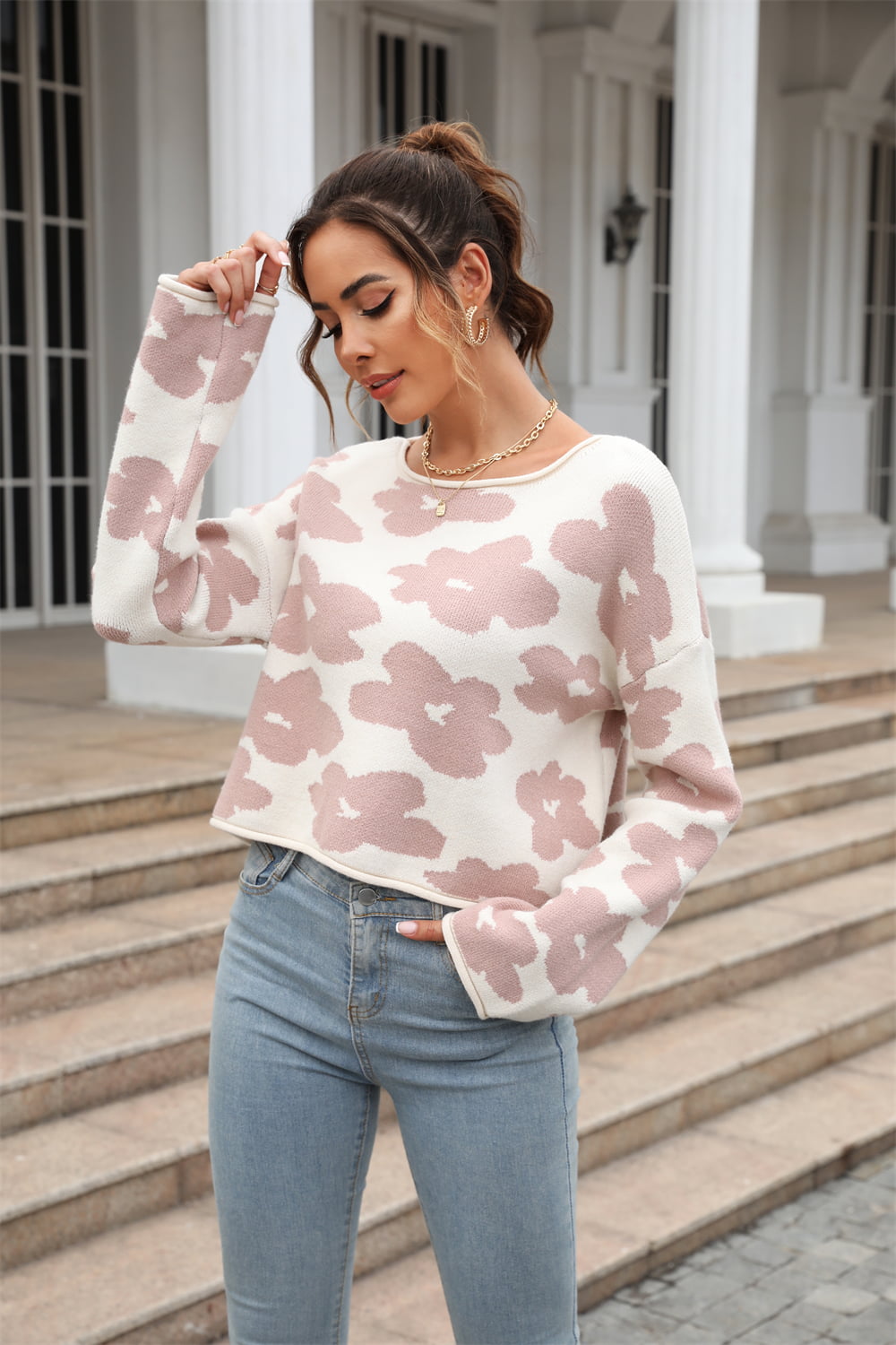 round neck flower pattern dropped shoulder pullover sweater