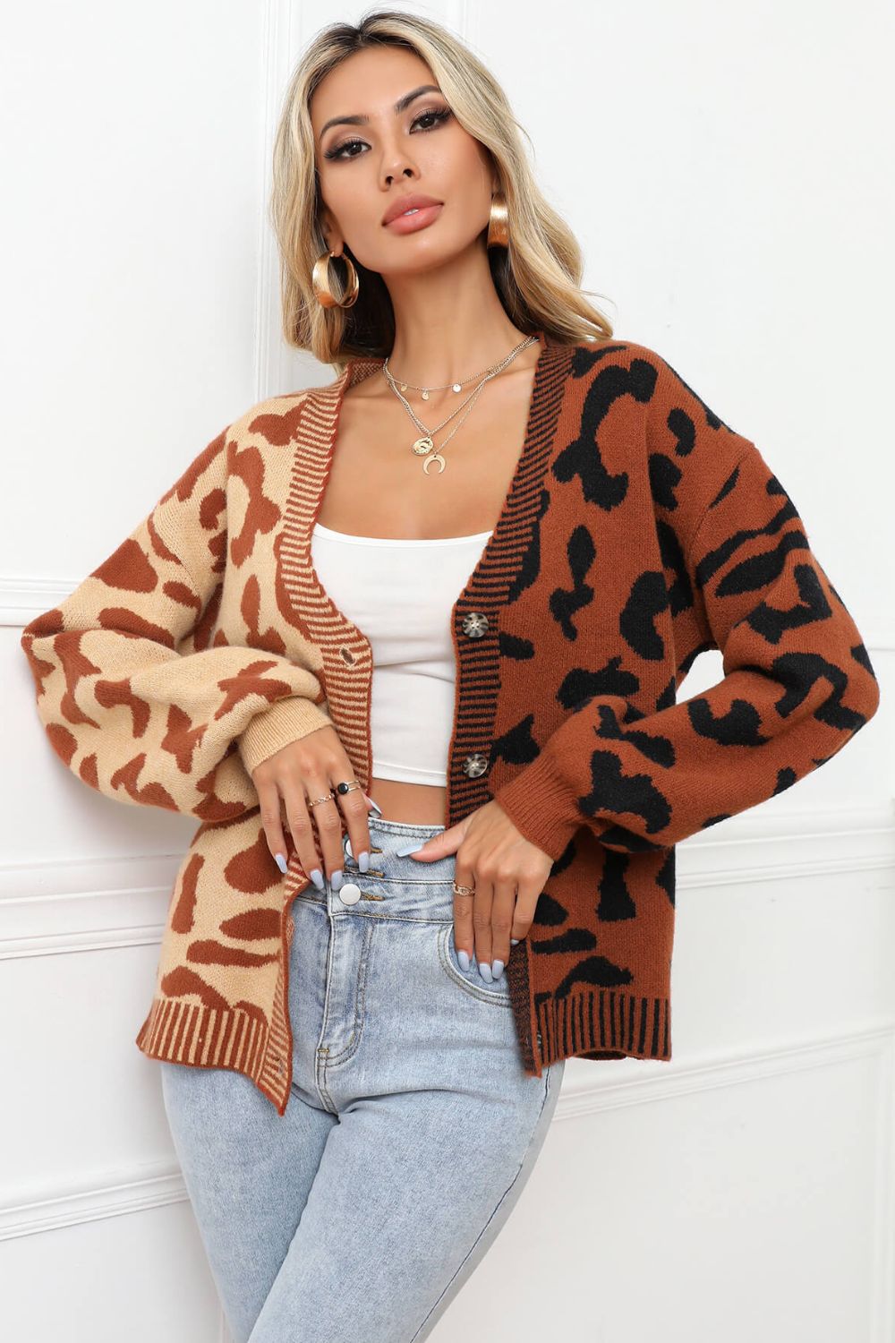 leopard button front ribbed trim cardigan