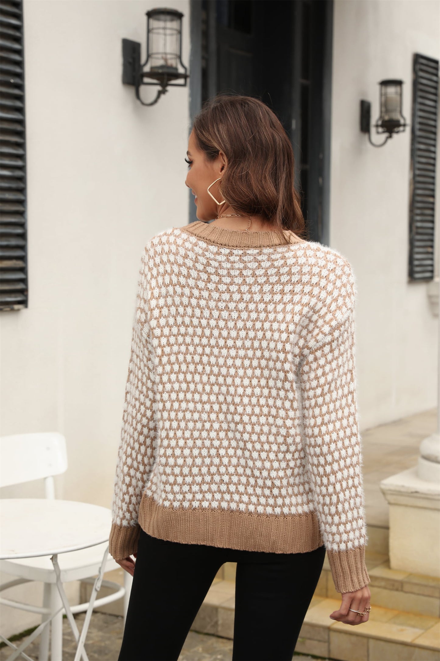 printed round neck dropped shoulder sweater