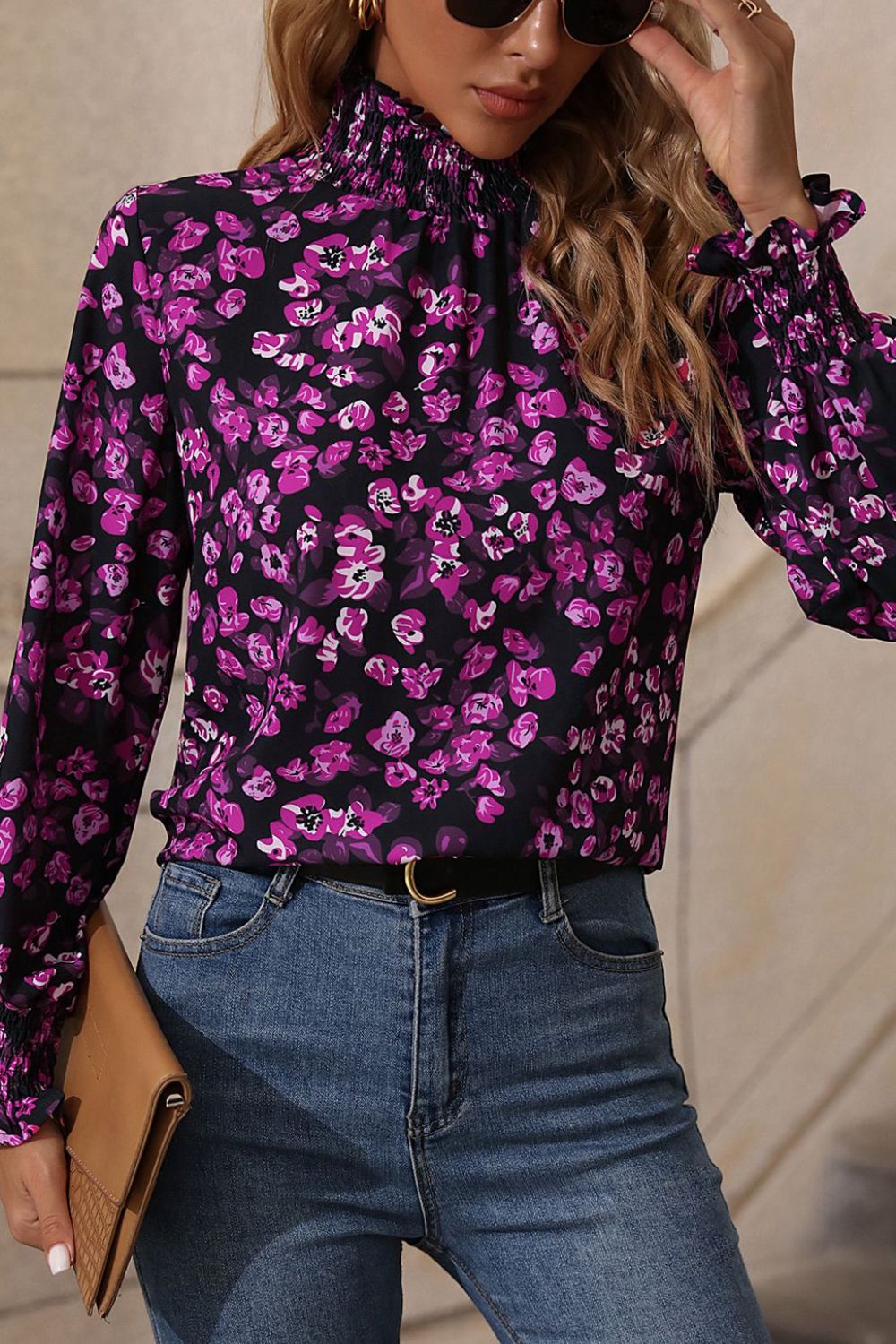 floral mock neck flounce sleeve blouse