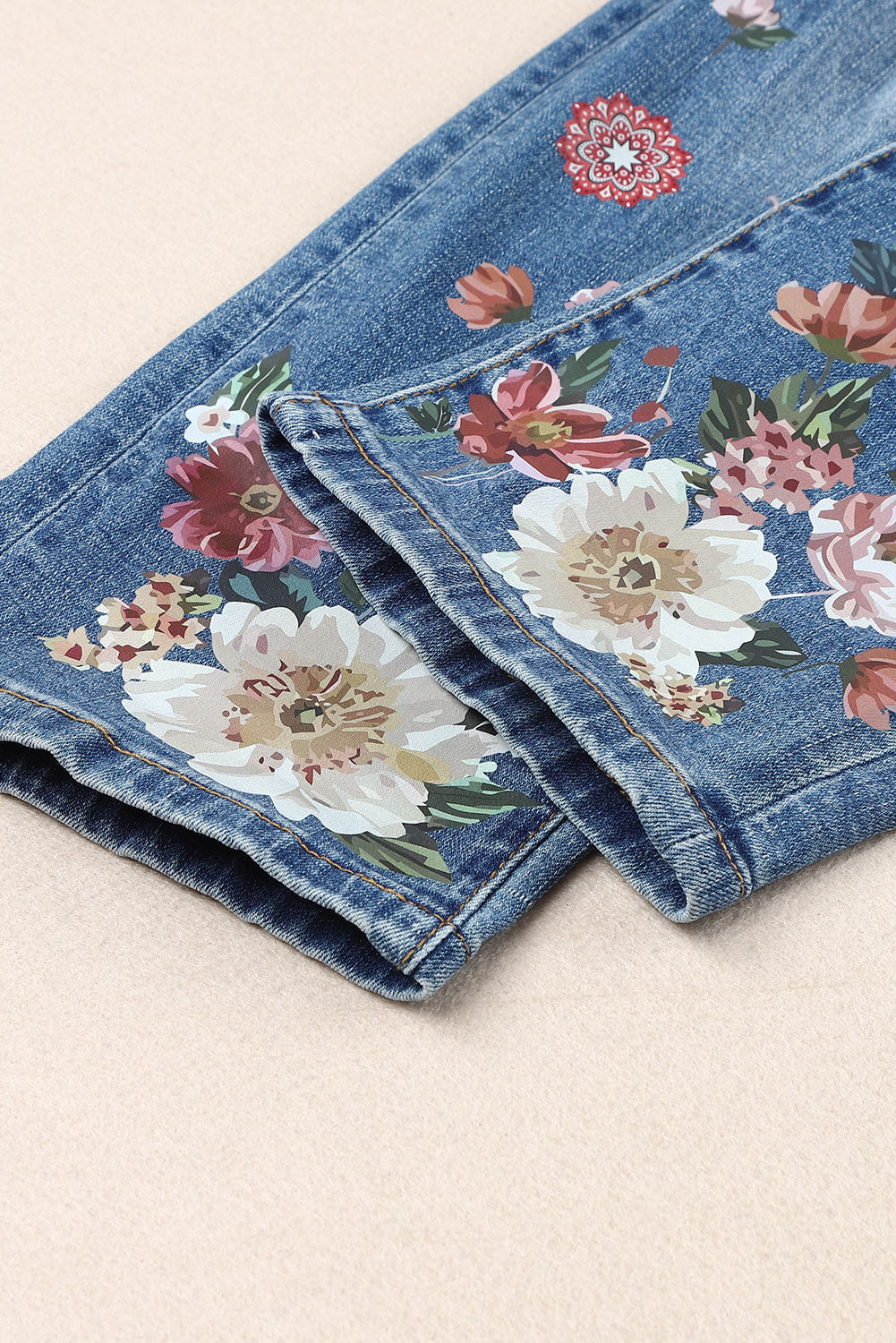 floral graphic patchwork distressed jeans