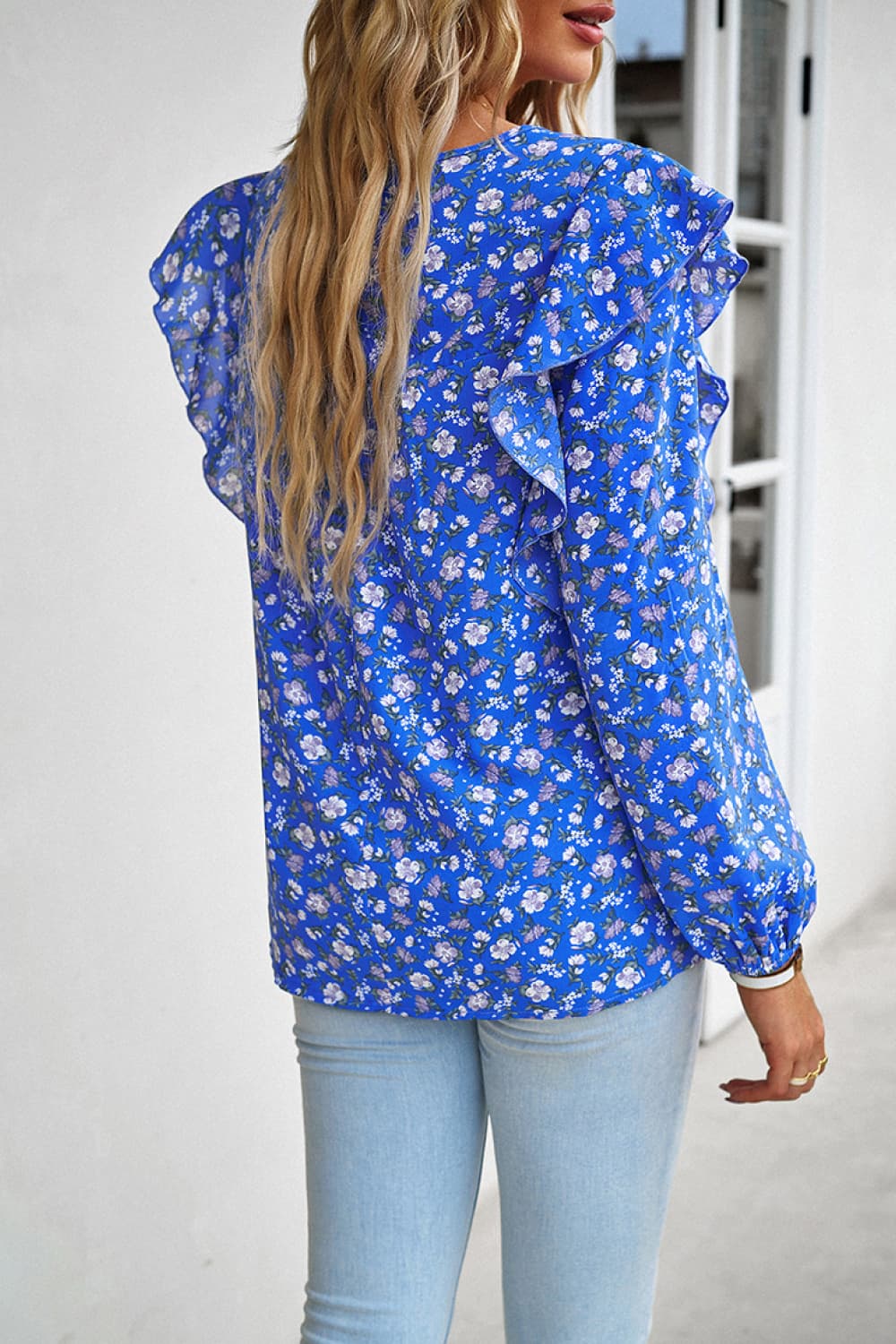 printed round neck long sleeve blouse