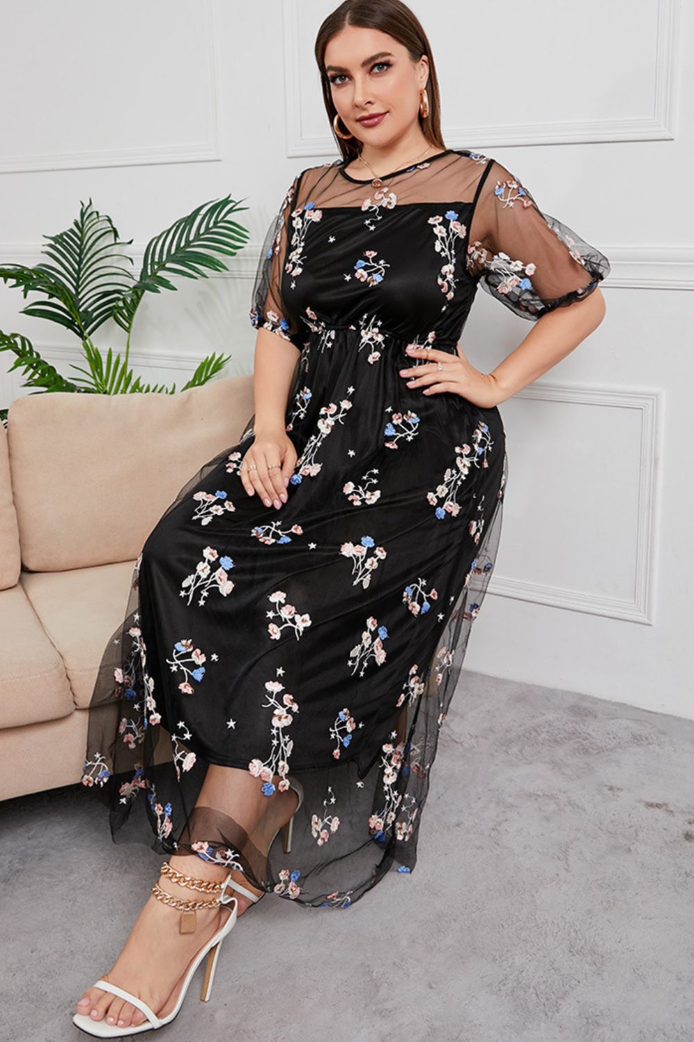 plus size layered mesh round neck maxi dress