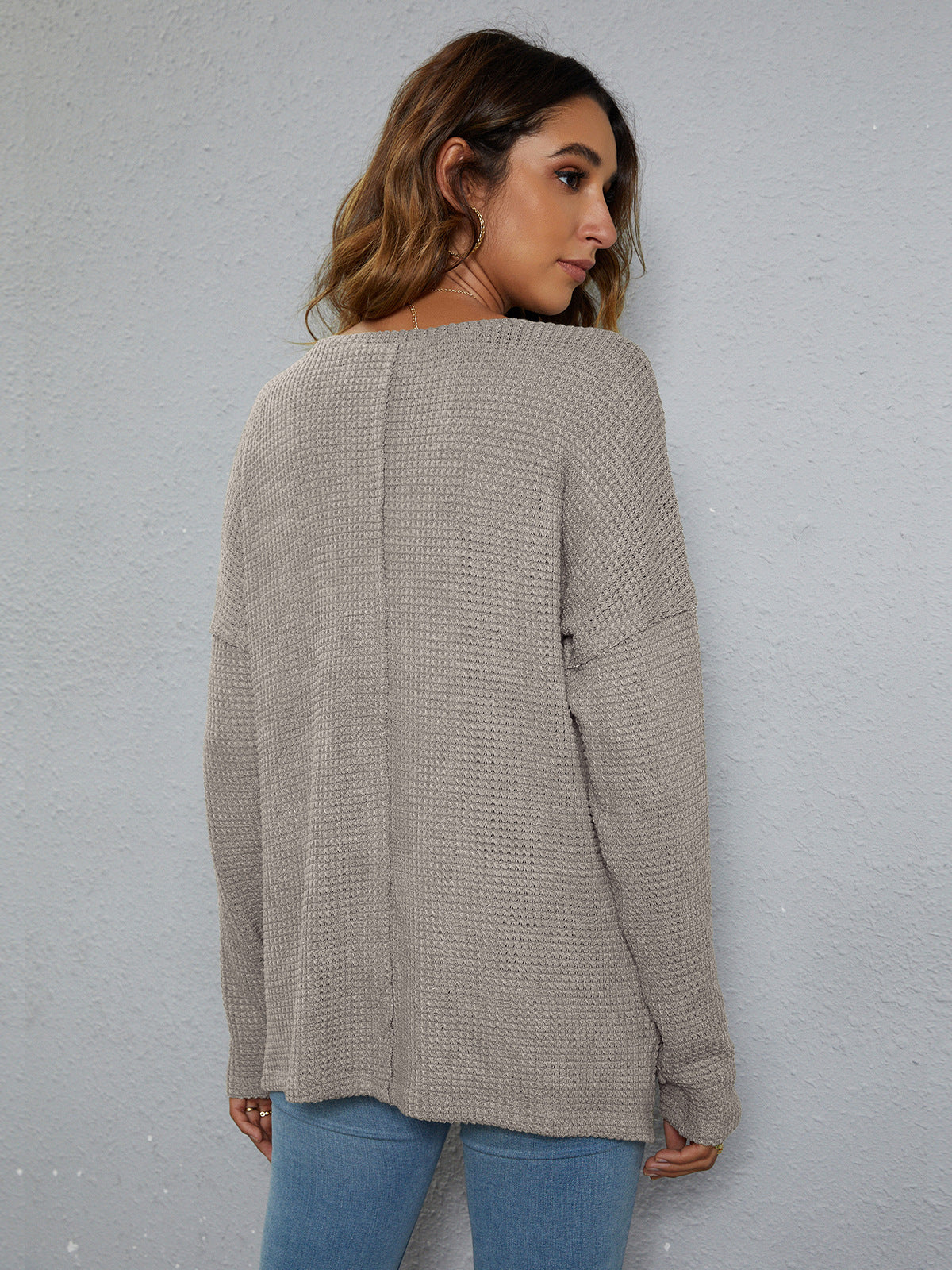 dropped shoulder high-low waffle-knit top