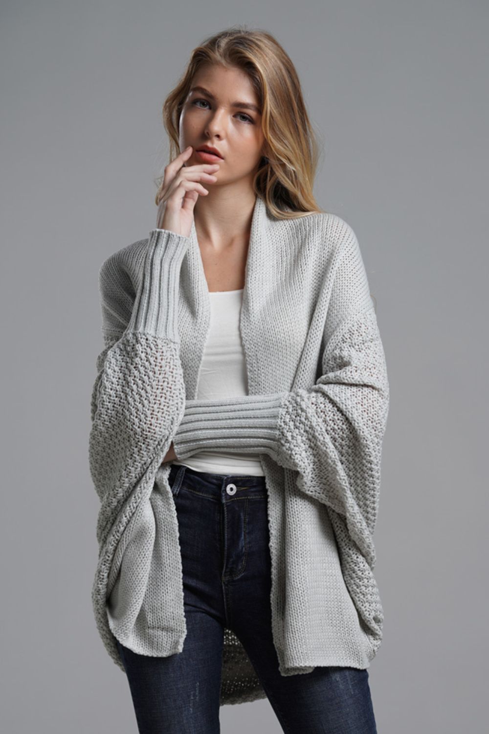 double take dolman sleeve open front ribbed trim longline cardigan