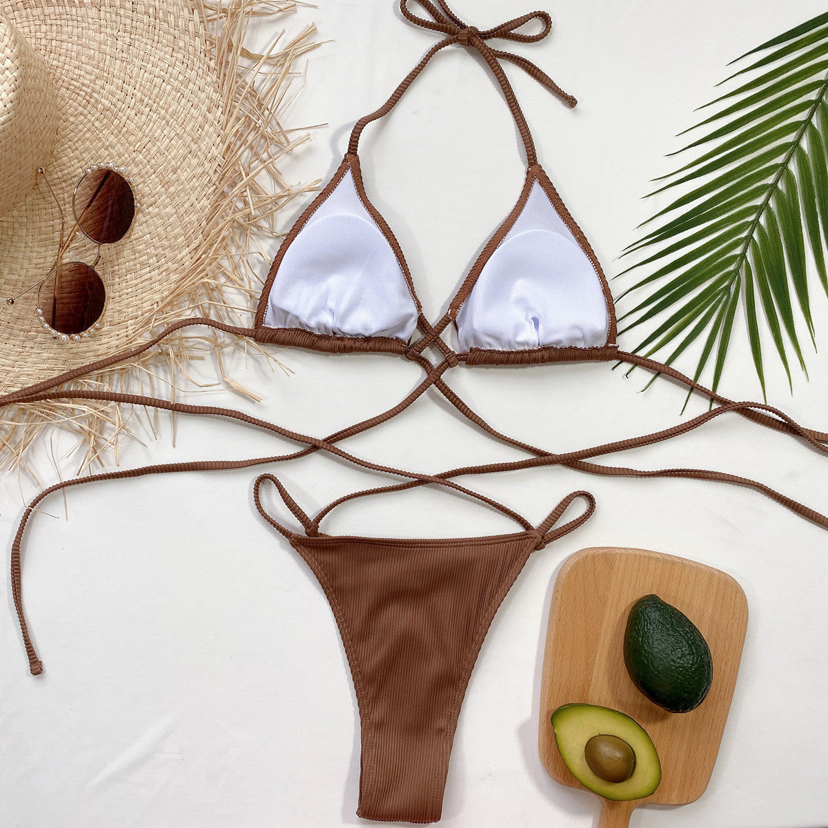 halter neck crisscross ribbed bikini set
