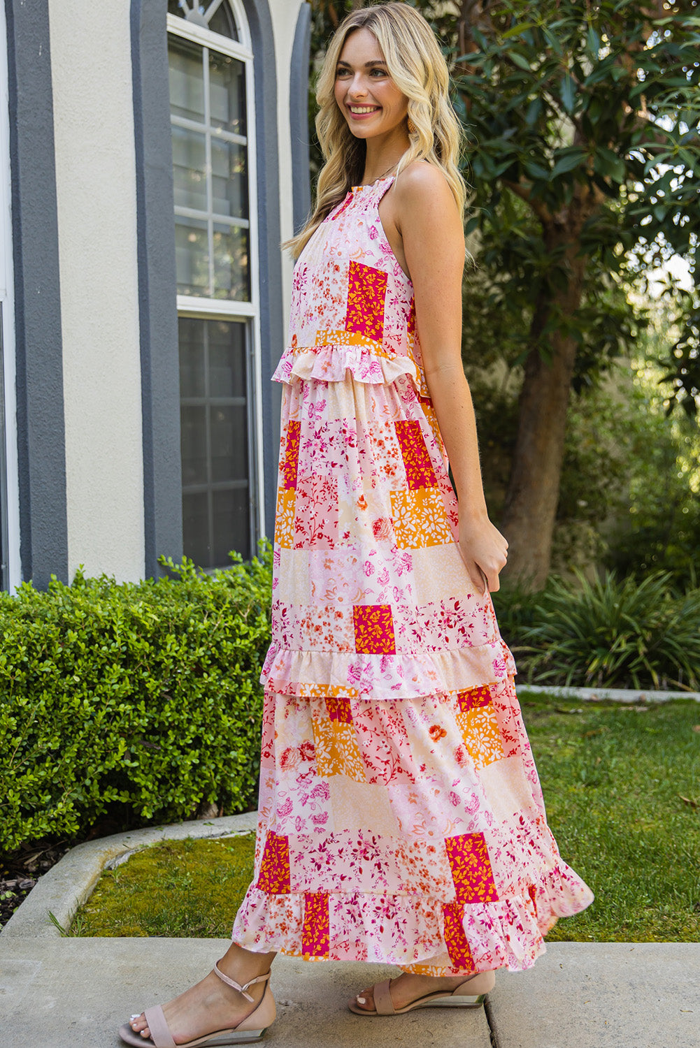 patchwork grecian neck ruffled maxi dress