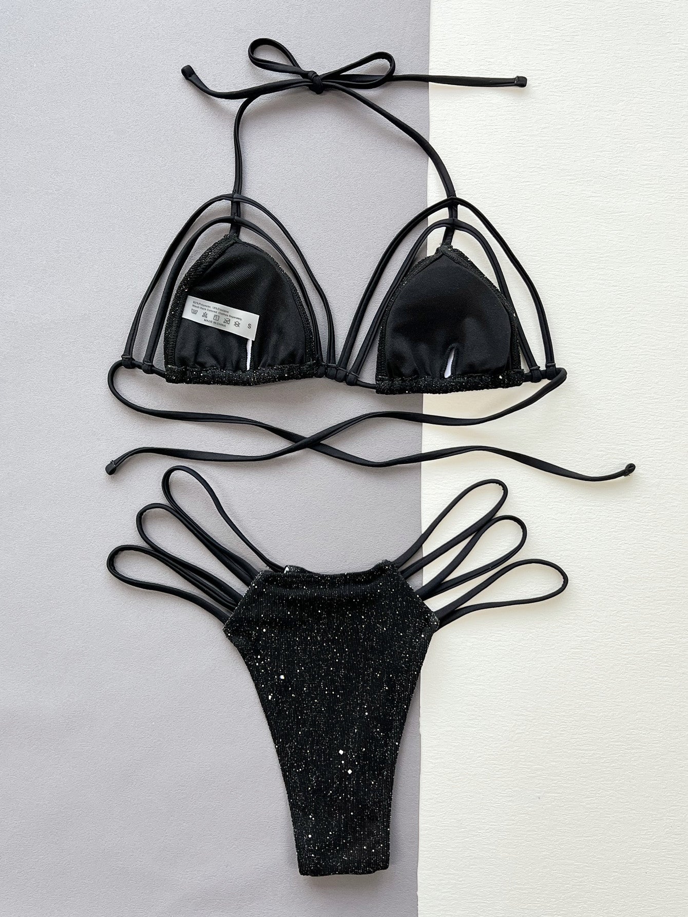 glitter halter neck strappy two-piece bikini set