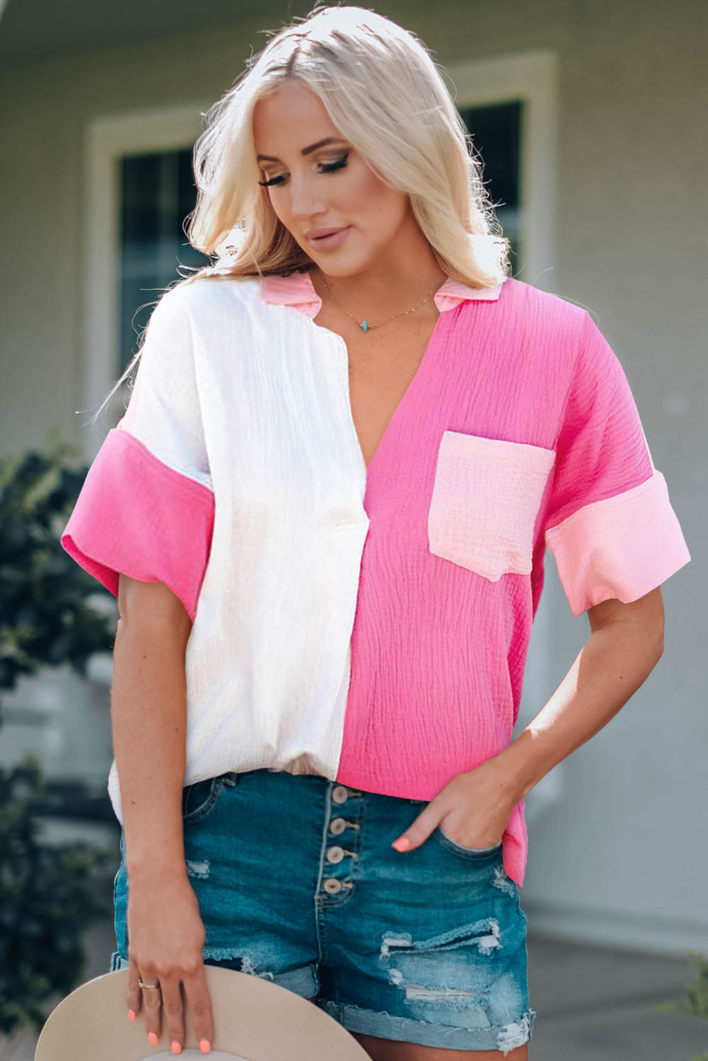 color block textured johnny collar blouse