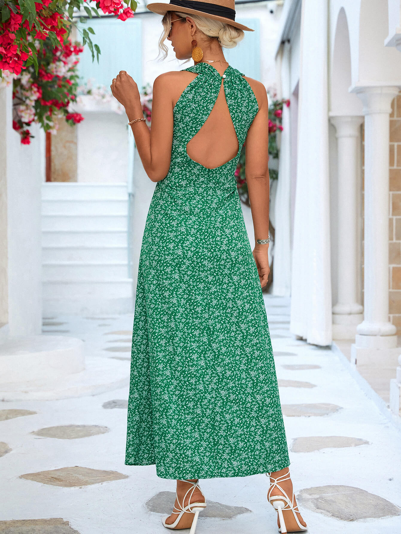 printed open back sleeveless maxi dress